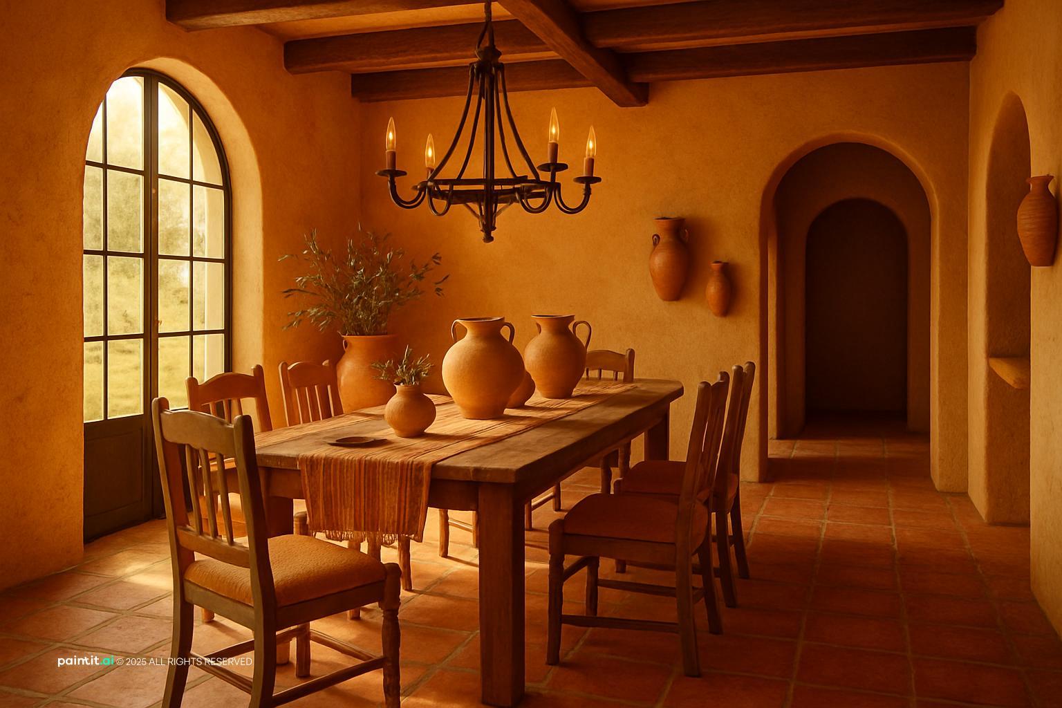 California Mission style interior design visual reference 12: stucco walls with warm wood beams