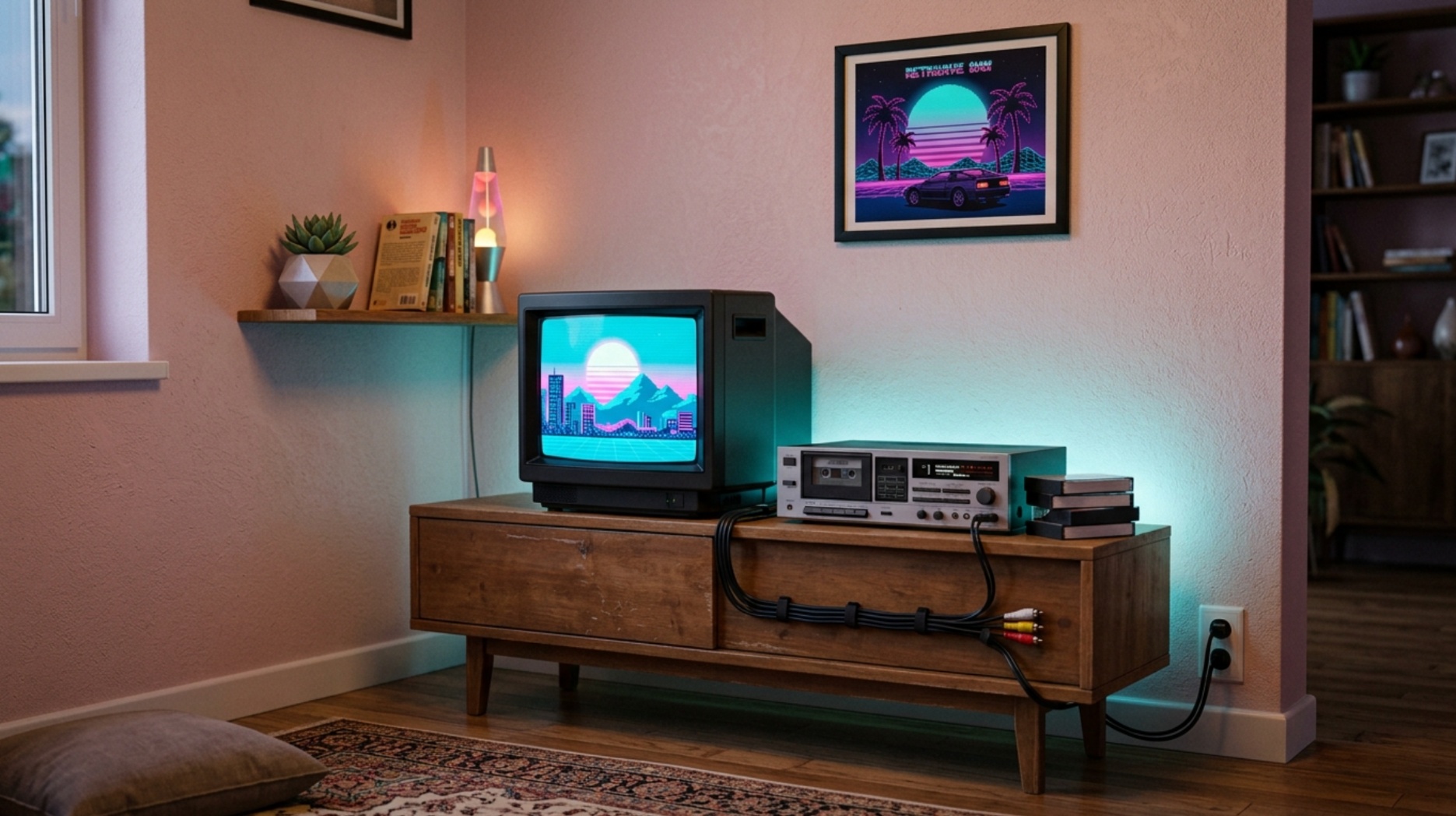 Vaporwave media display with a CRT television, cassette deck and concealed cables