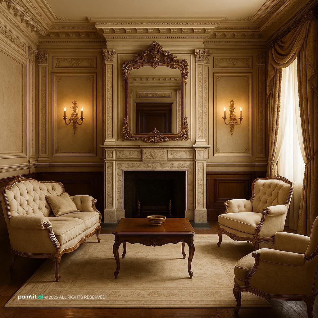 Elegant Neoclassical Living Room Design showing cream tones, layered neutrals for Black and Cream Living Room Ideas.