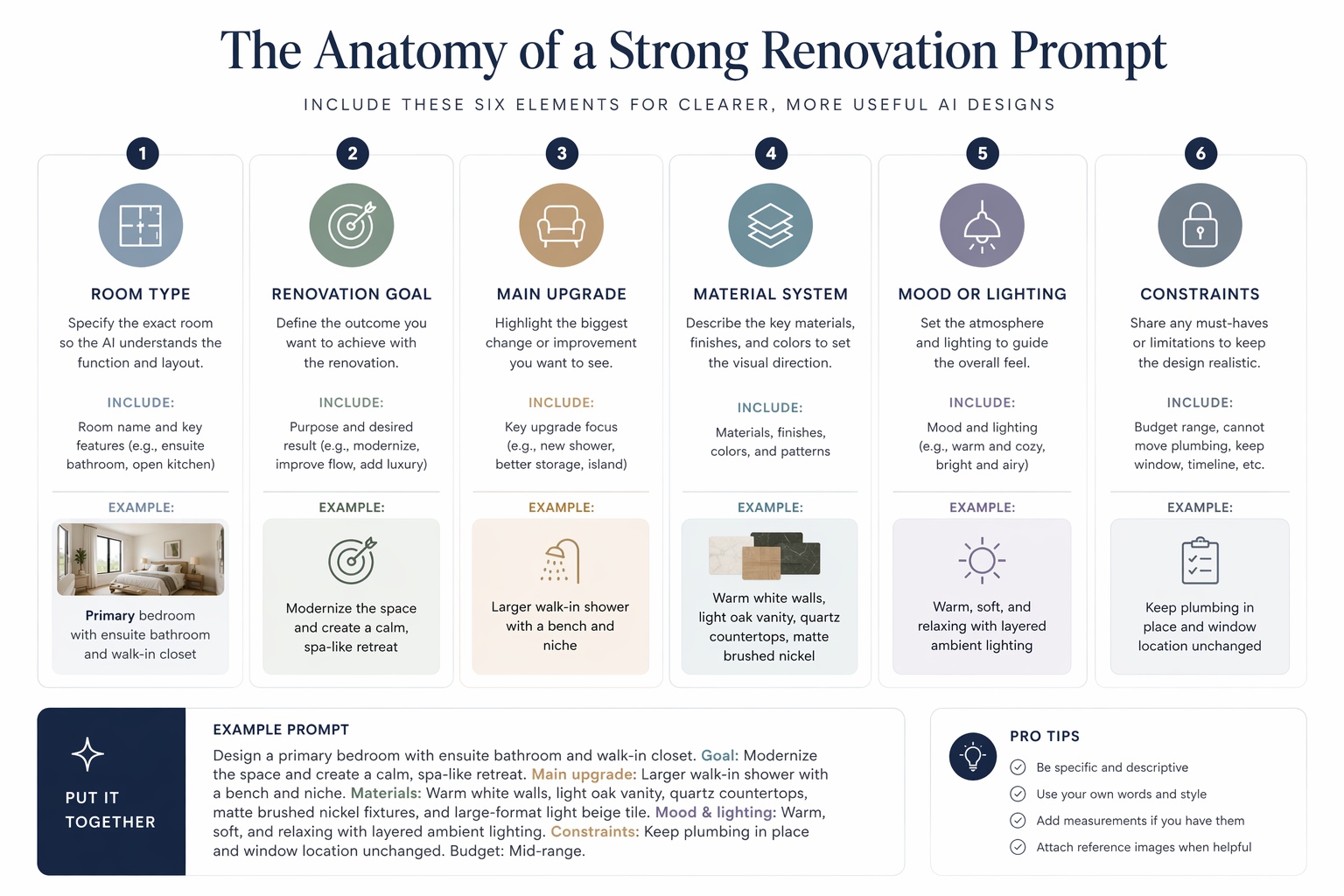 Infographic showing the structure of a strong renovation planning prompt in Paintit.ai