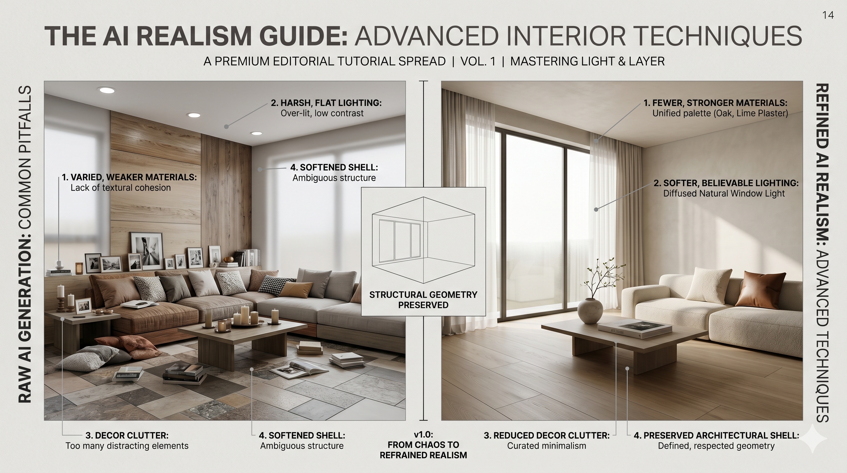 Advanced realism techniques shown in a clean tutorial visual for AI interior generation