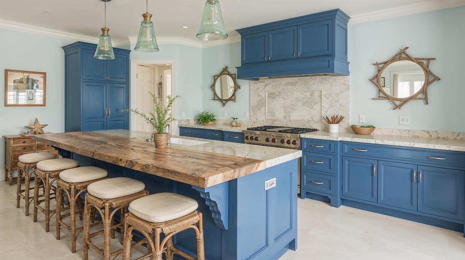 Coastal Royal Blue Kitchen with Natural Elements