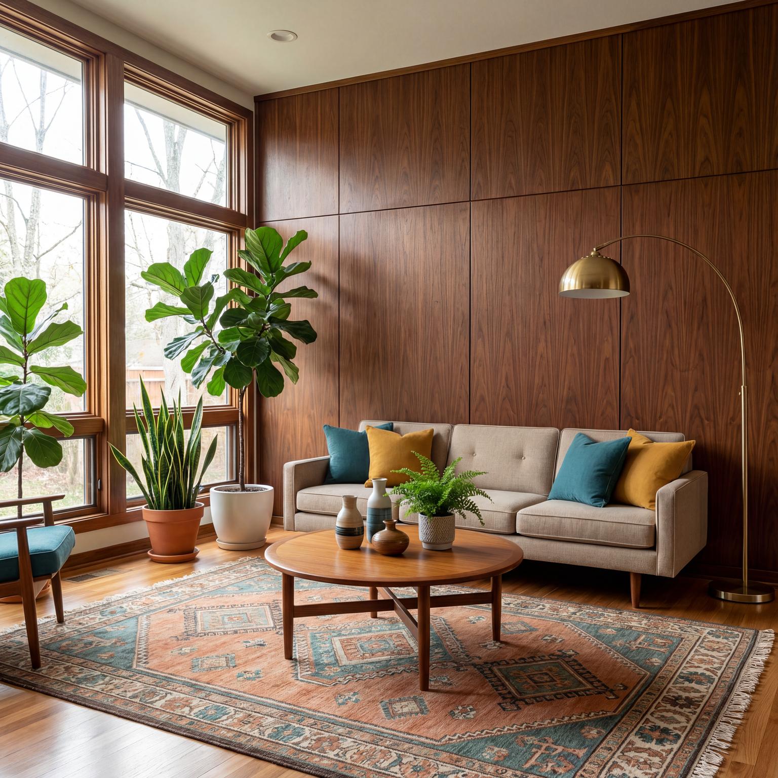 Mid-Century Modern Living Room Design with clean lines and a calm living room atmosphere with teal and mustard restraint.