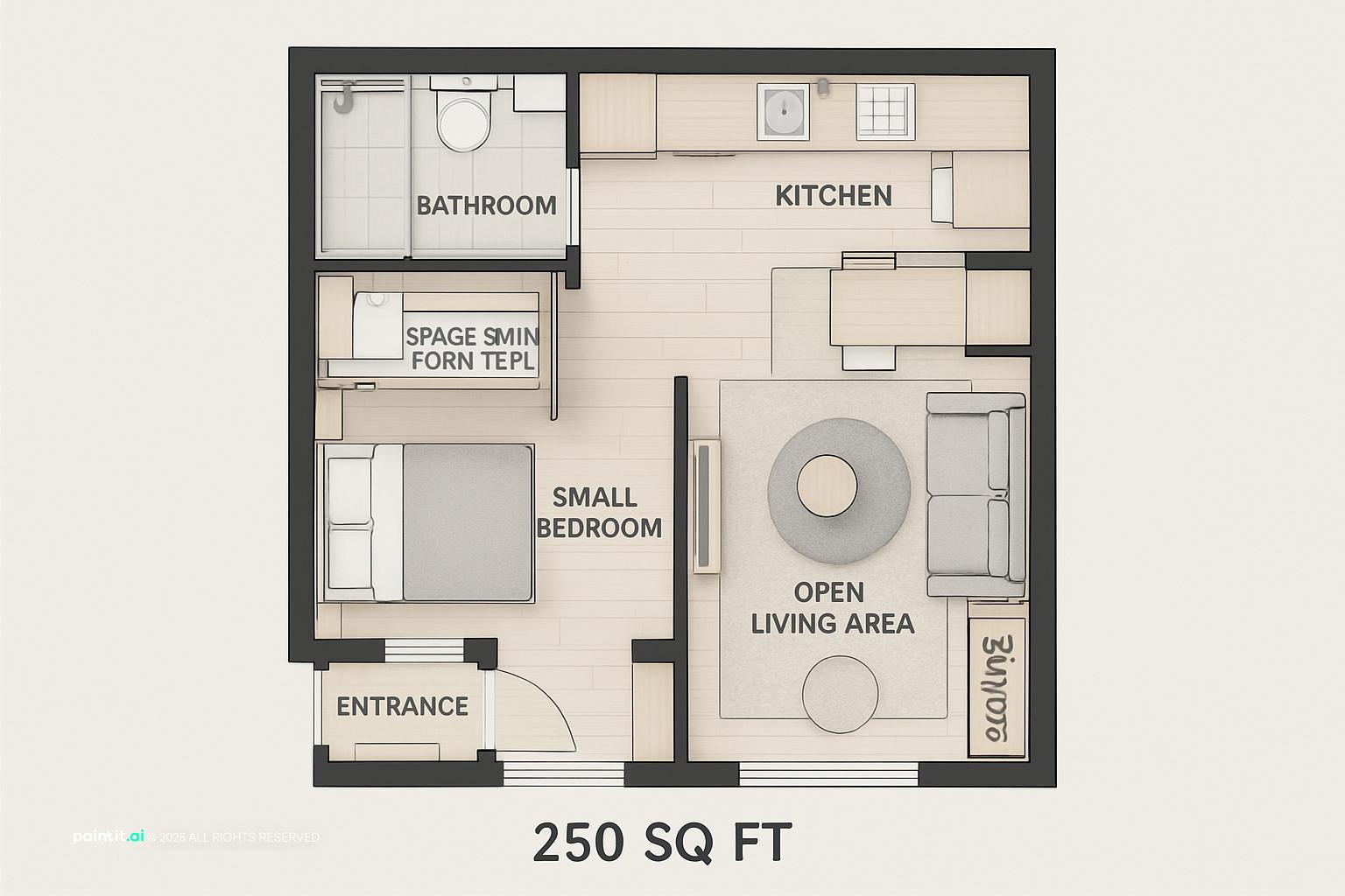 Small apartment with compact bedroom and foldable dining
