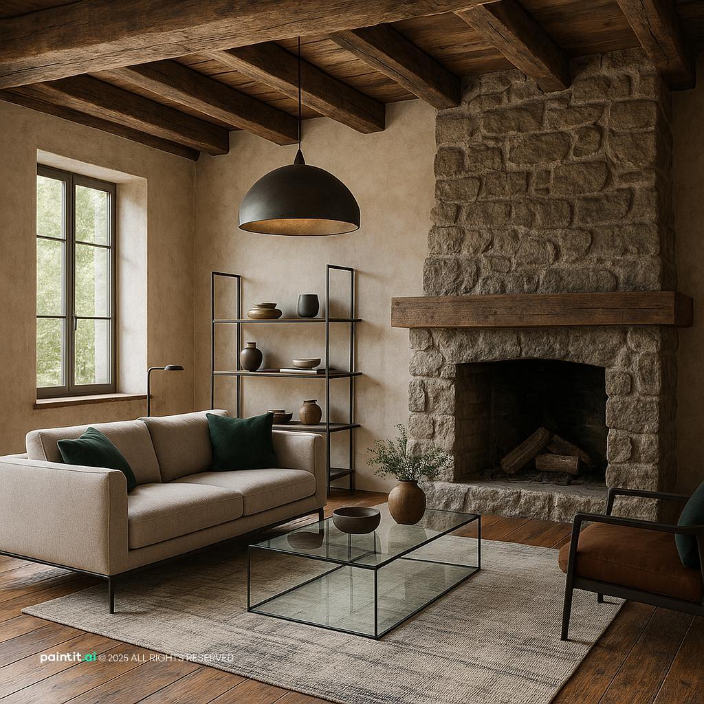 Stunning Rustic-Modern Living Room Design showing brown warmth, metal accents, layered neutrals for Brown Living Room Ideas.