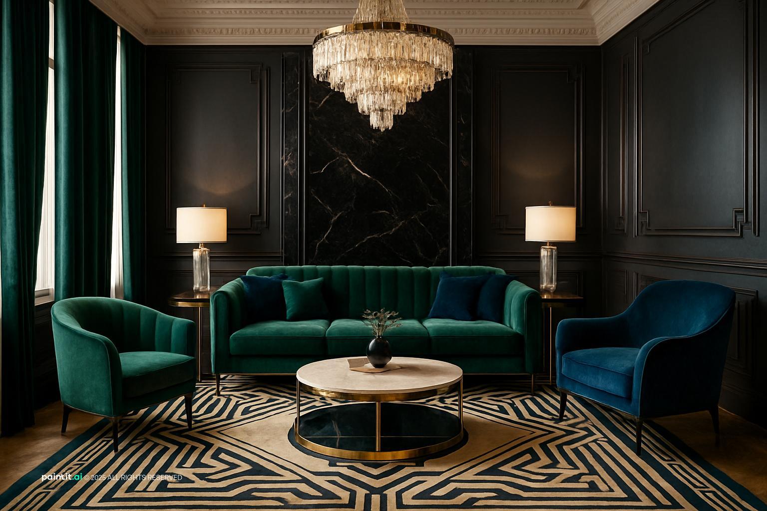Emerald green and gold living room with black walls, emerald velvet sofas, a gold chandelier and a zigzag rug