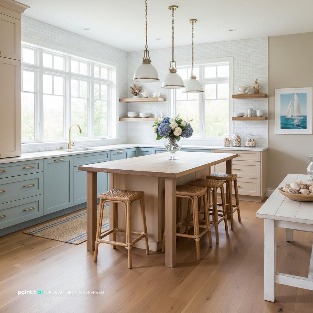 Kitchen with soft blue cabinets, sandy wood, a small island and glass pendant lights