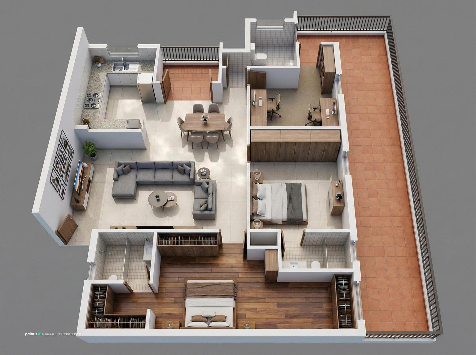 Modern apartment layout with bedrooms and living dining area