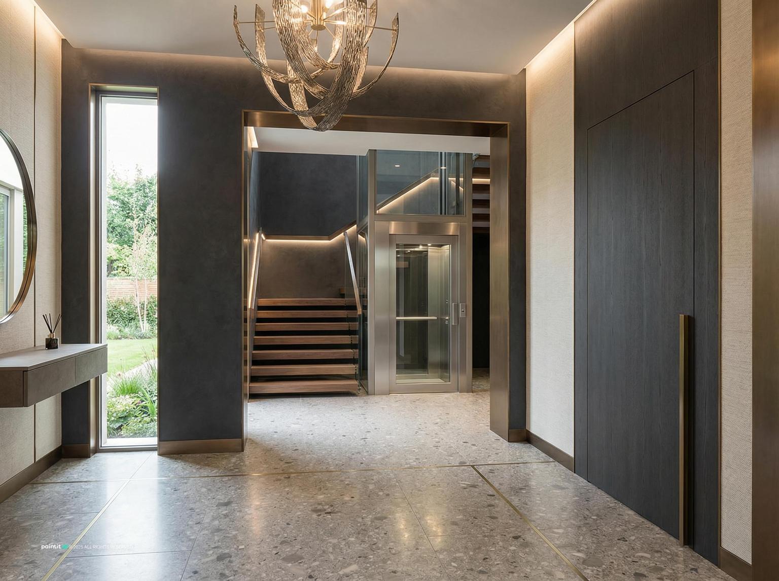 Entryway with a glass-sided lift next to a staircase, a chandelier and dark wall panels