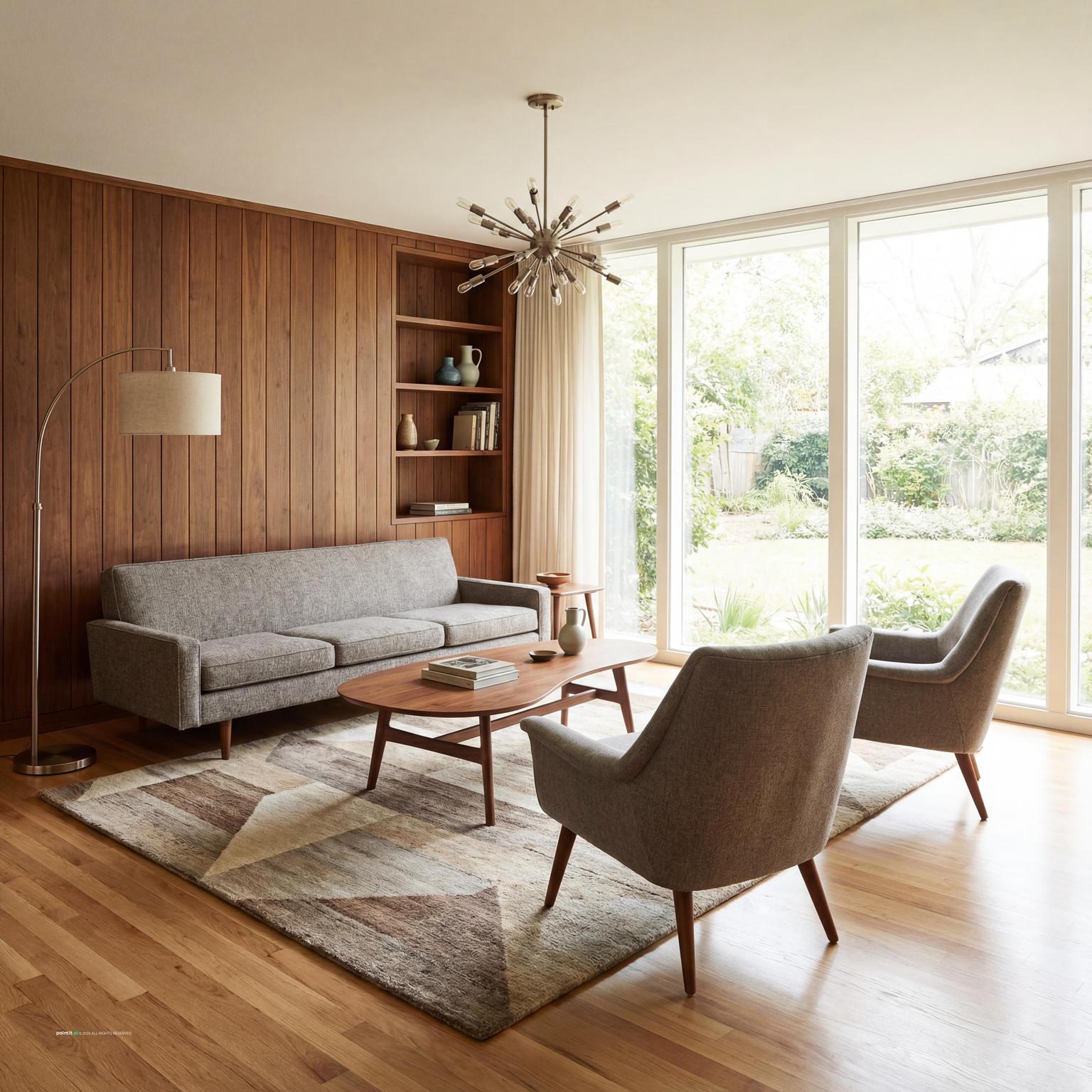 Classic Mid-Century Modern living room design with a cozy 70s feel, featuring low-slung furniture, earthy tones, and period-appropriate decor.