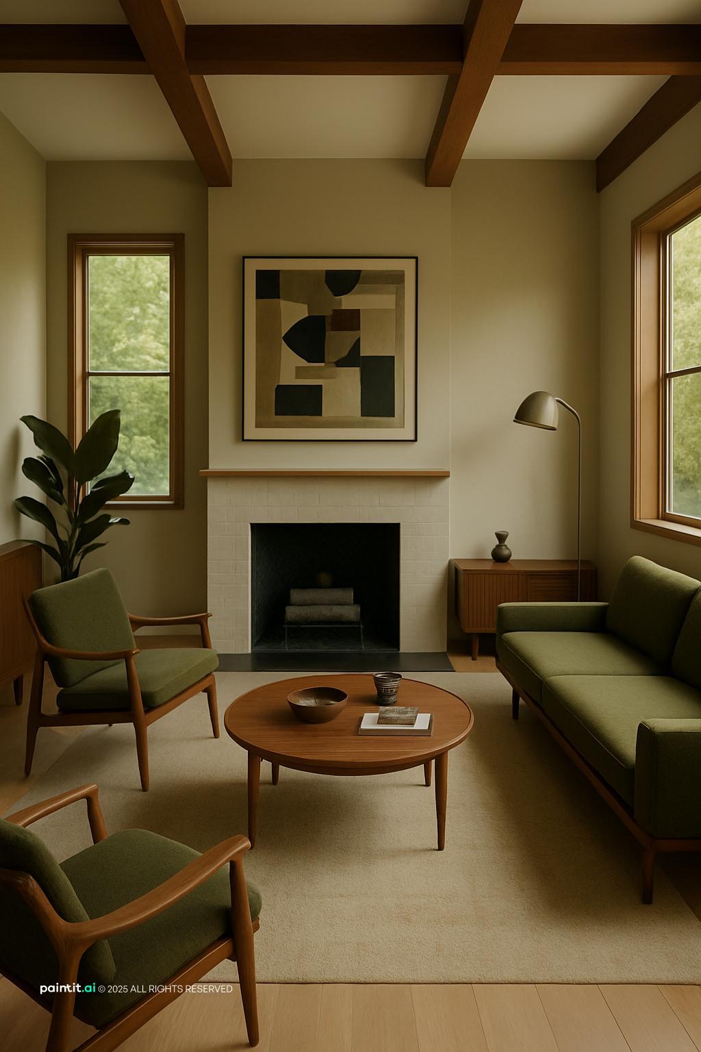 Small earthy living room with olive walls, a fireplace and wooden chairs