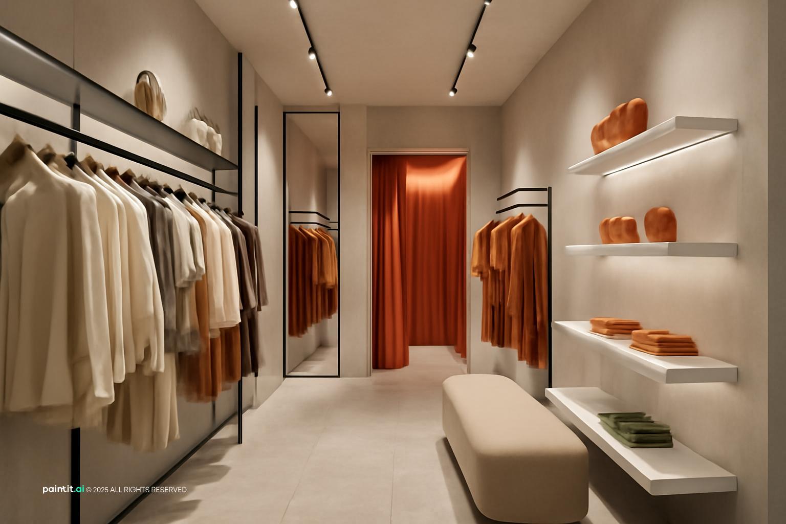 Narrow boutique with wall rails on both sides, floating shelves and a fitting room curtain at the back