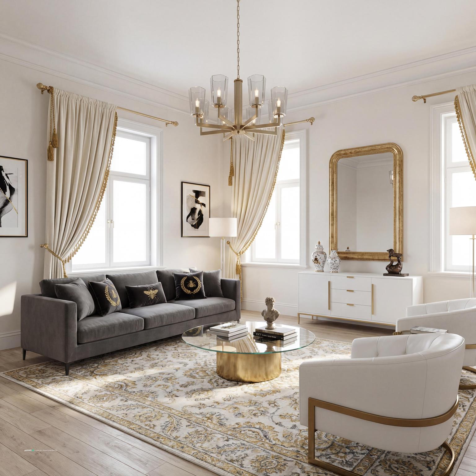 Contemporary 80s inspired living room design, incorporating bold Empire elements, dramatic flair, and a statement-making, powerful aesthetic.