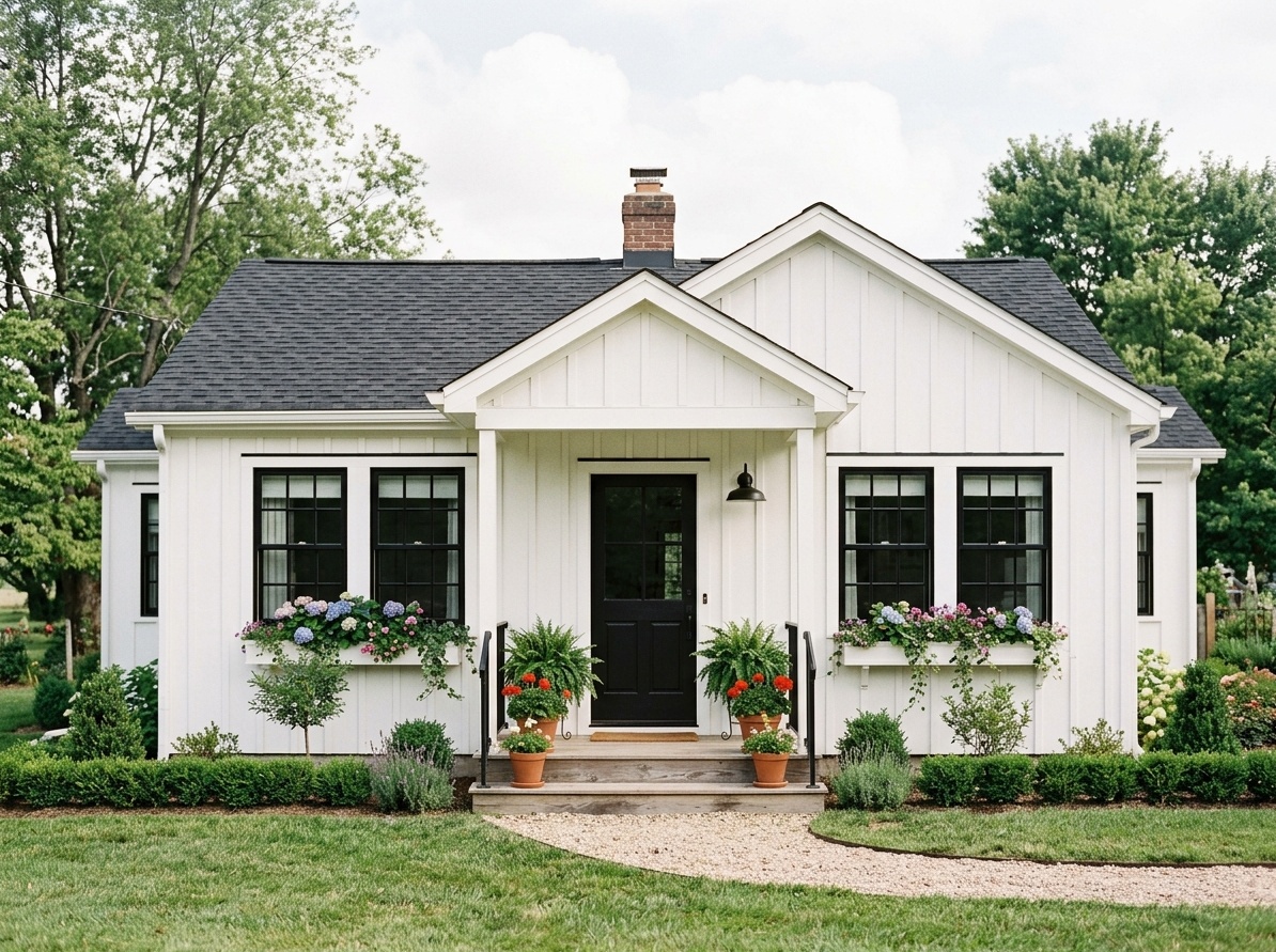 Small white house with black trim on windows and door,  vertical siding and minimal landscaping for clean curb appeal