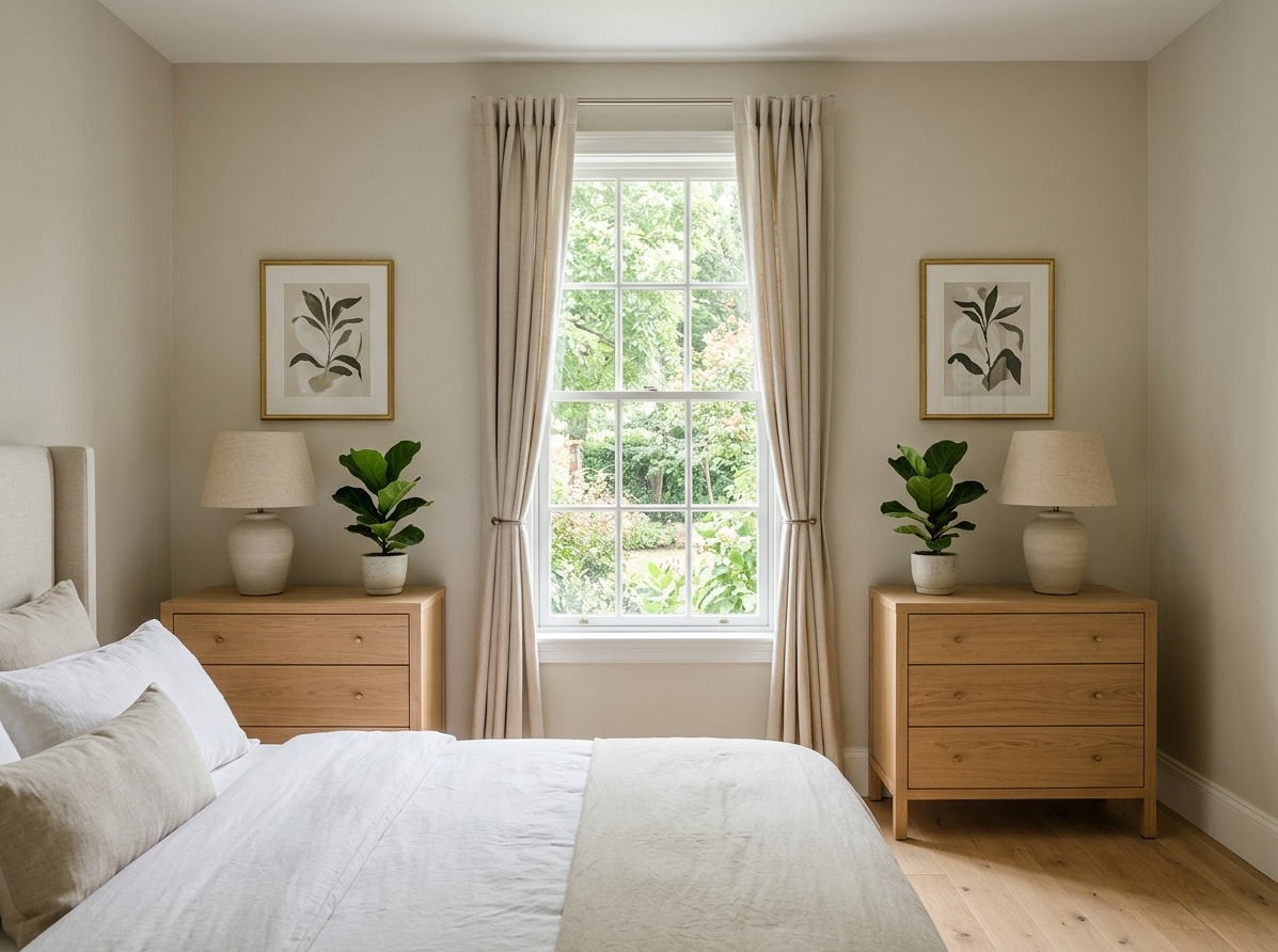 Master bedroom with two identical compact dressers placed symmetrically  on either side of a window, framing it as an architectural focal point