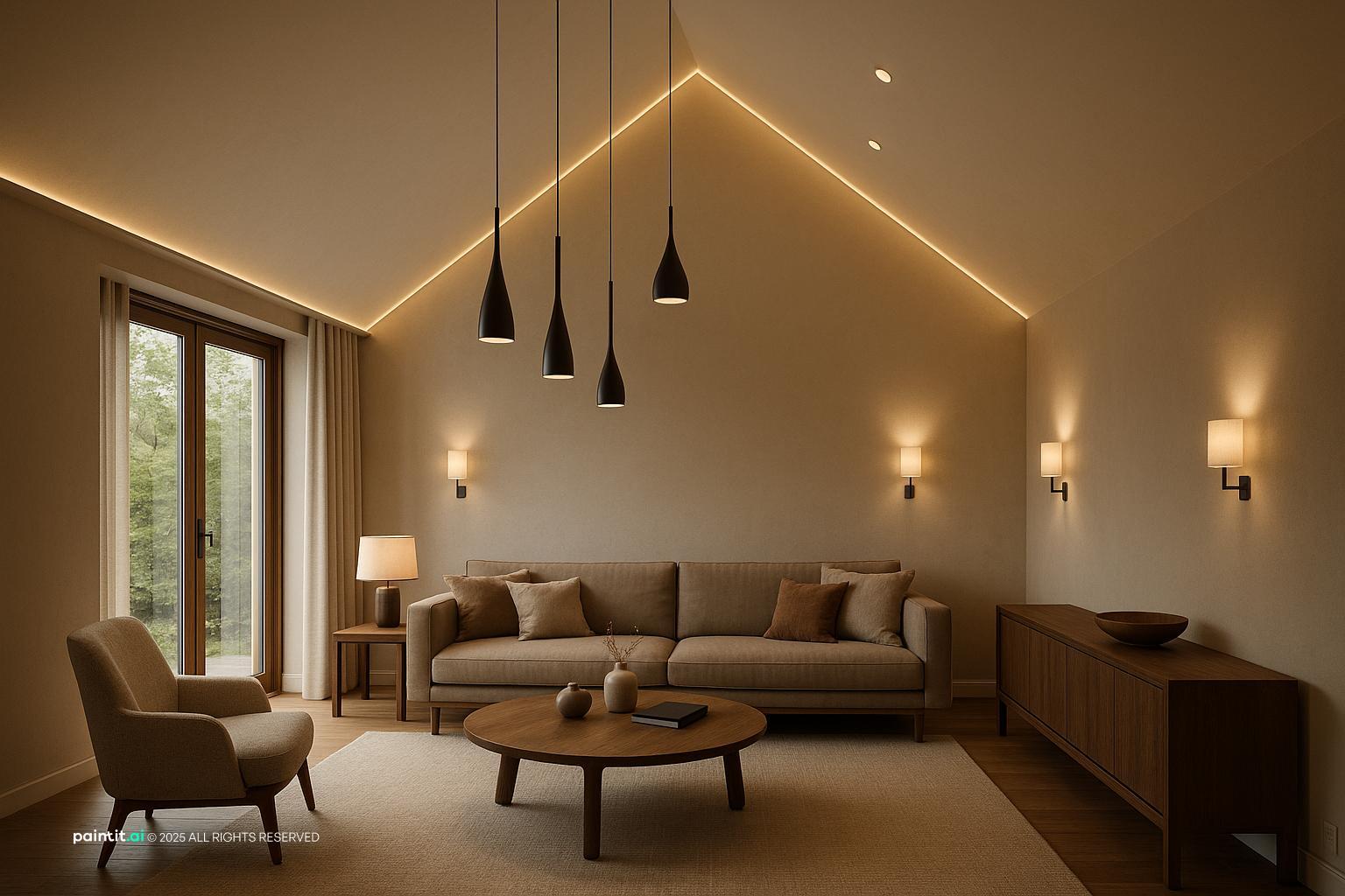 Elegant Sloped Ceiling Living Room Design showing cozy softness, warm wood, natural light for Cozy Living Room Ideas.