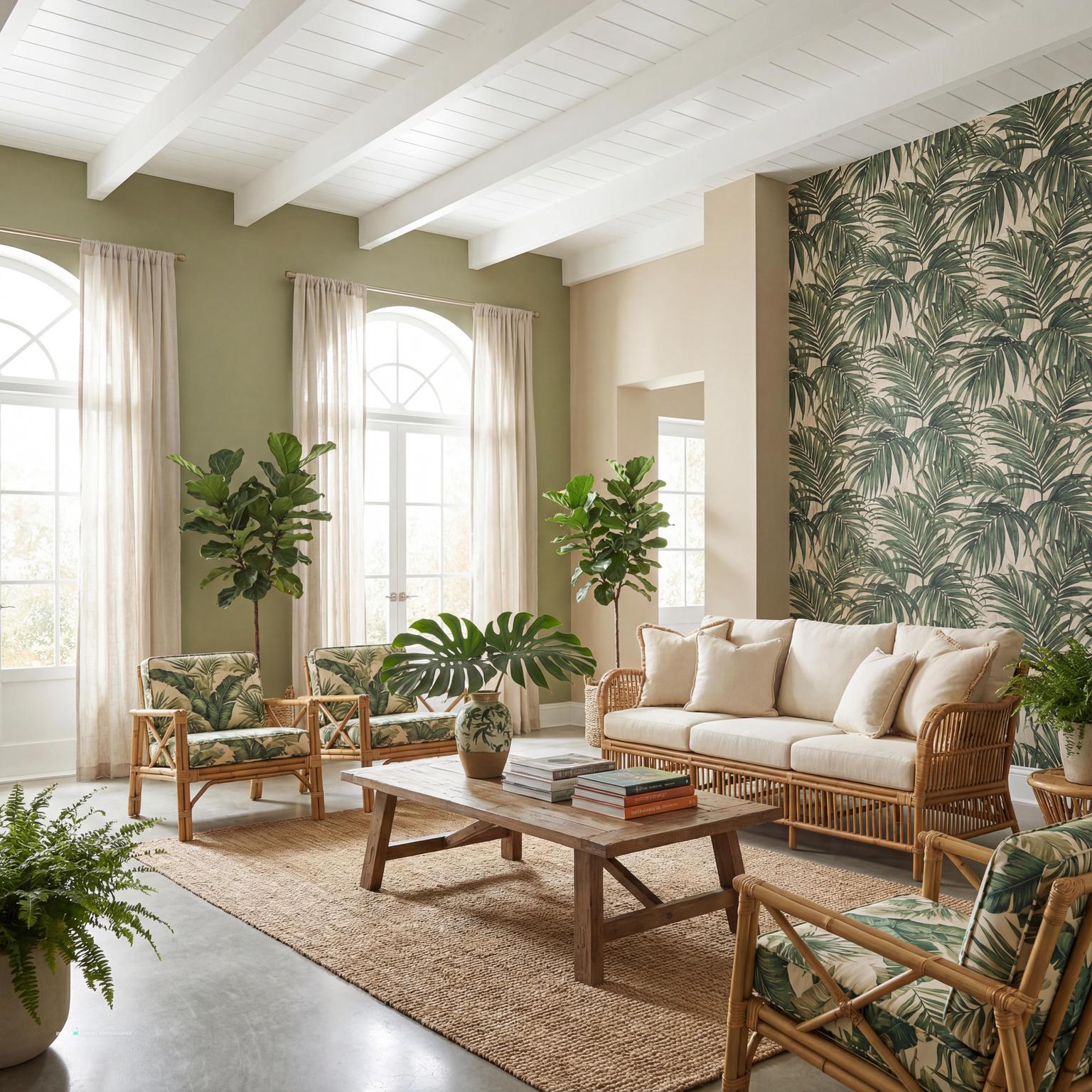 Tropical Living Room Design Inspiration showing accent wall contrast, layered neutrals, natural light for Living Room Accent Wall Ideas.