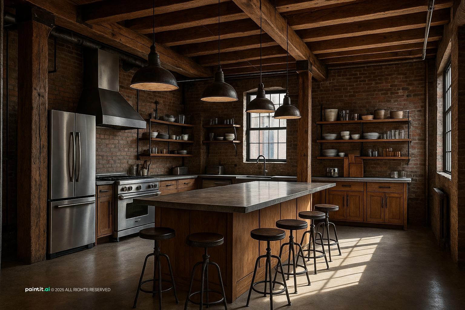 Stylish Industrial Loft Kitchen with Arched Detail for Loft Style Interior Design