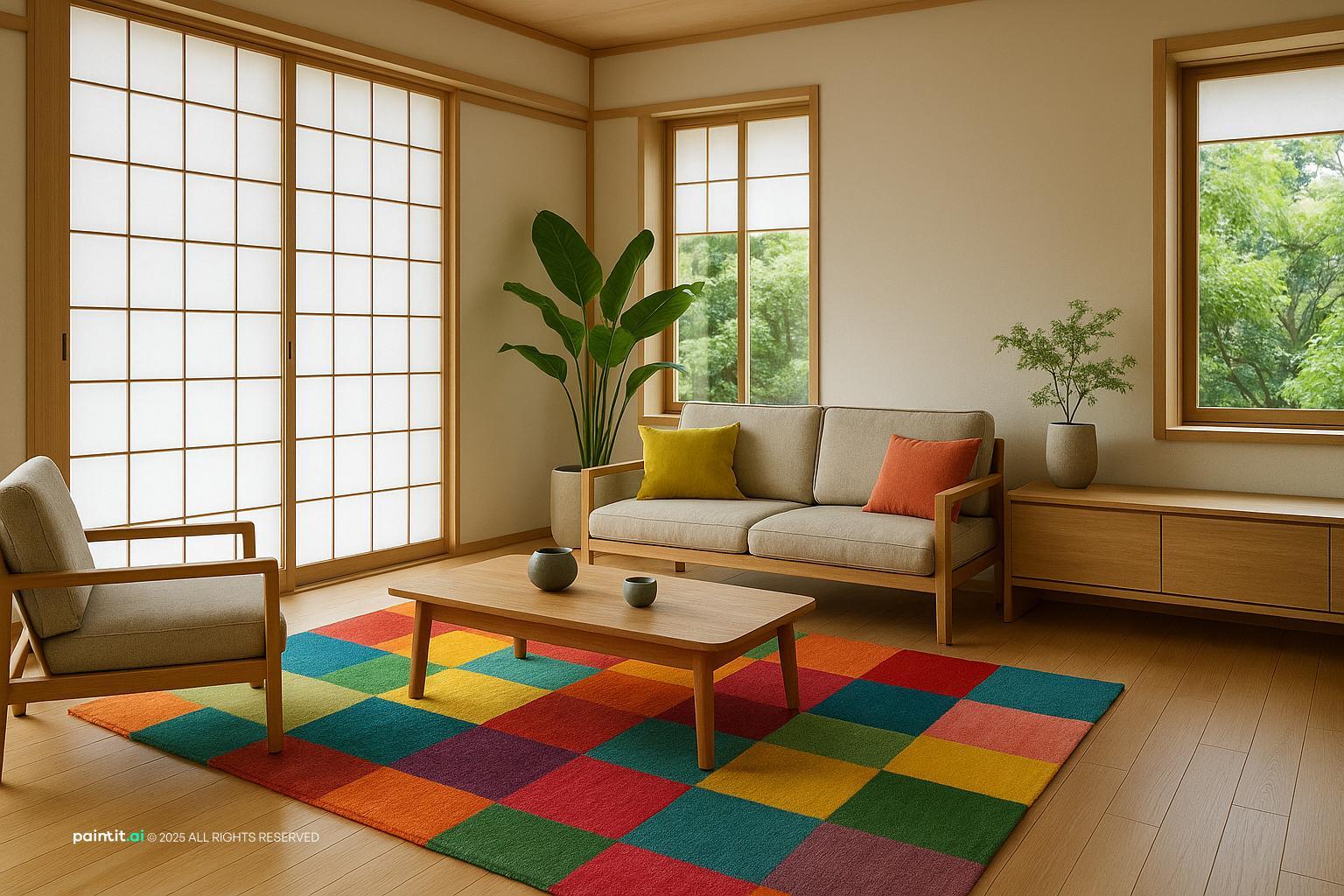 Modern Japanese Zen living room with low-profile furniture, shoji screens, and vibrant rug accents.