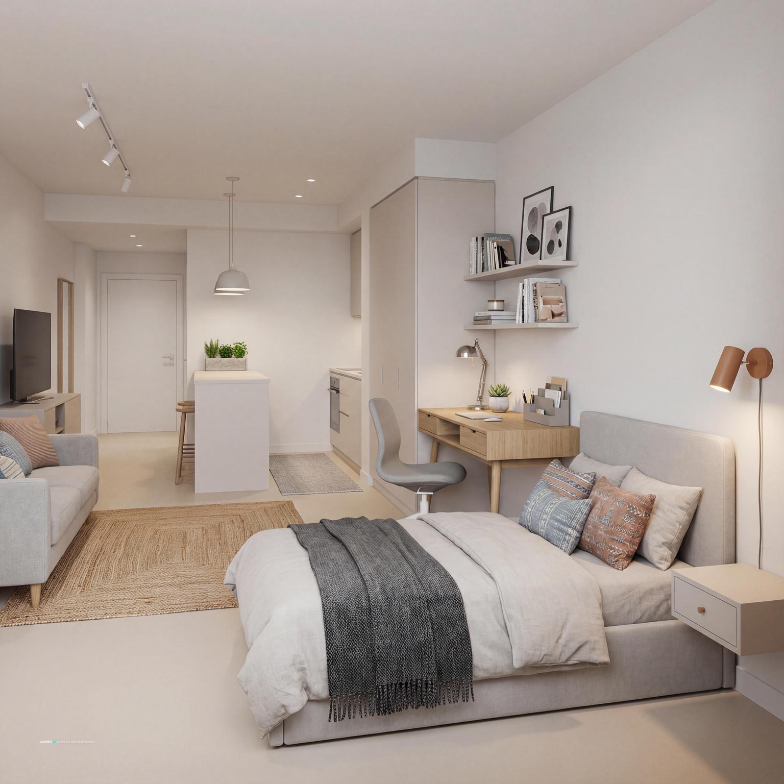 Small studio apartment style room with multi-use layout