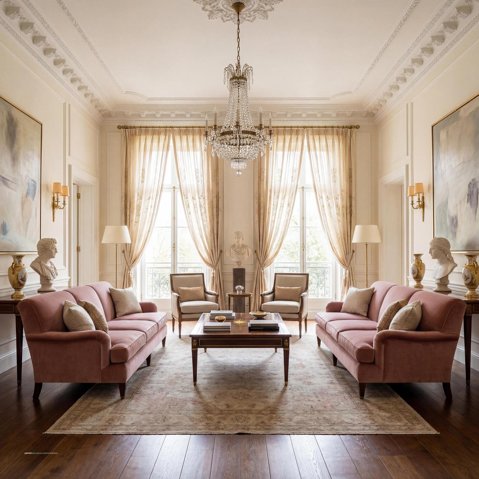 Elegant Neoclassic 1980s living room design, featuring grand proportions, polished surfaces, and a rich, inviting color scheme with subtle pastels.