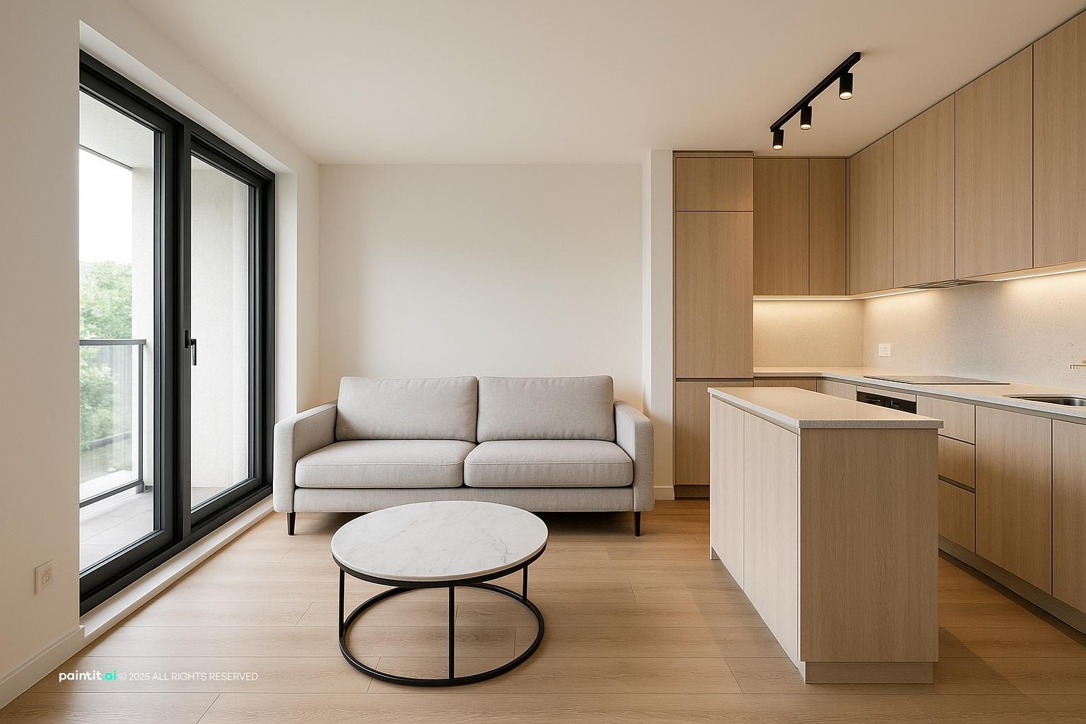 Modern open-plan living room and kitchen in a Yemeni home, featuring clean lines and minimalist furniture.