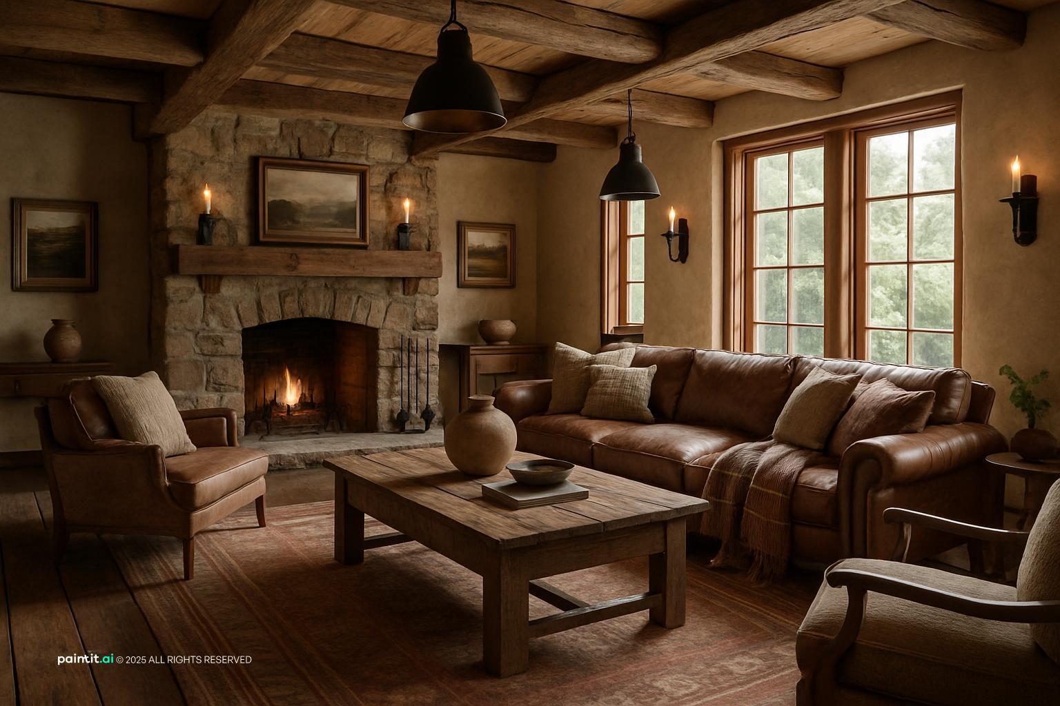 Rustic earthy living room with a stone fireplace, leather sofas and iron pendants