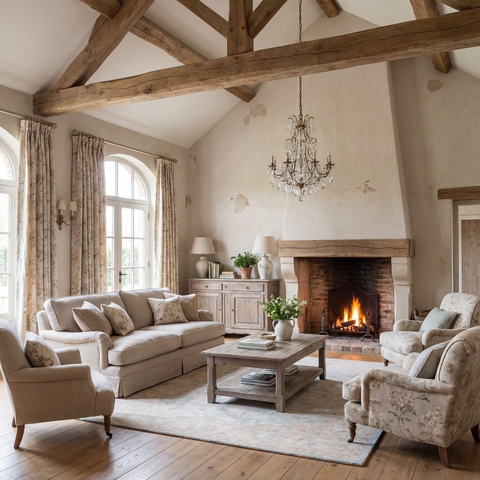 Elegant French Country living room design, with rustic charm, comfortable seating, and a warm, inviting ambiance suitable for a 1930s home.