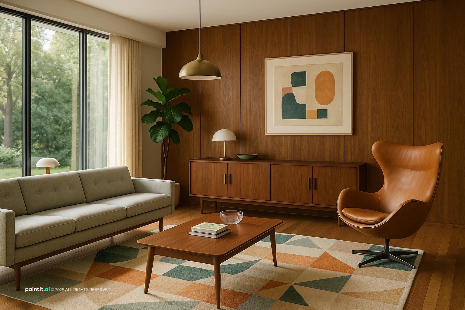 Mid-Century Modern Living Room Design showing wall paneling detail, warm wood, clean-lined furniture for Living Room Wall Paneling Ideas.