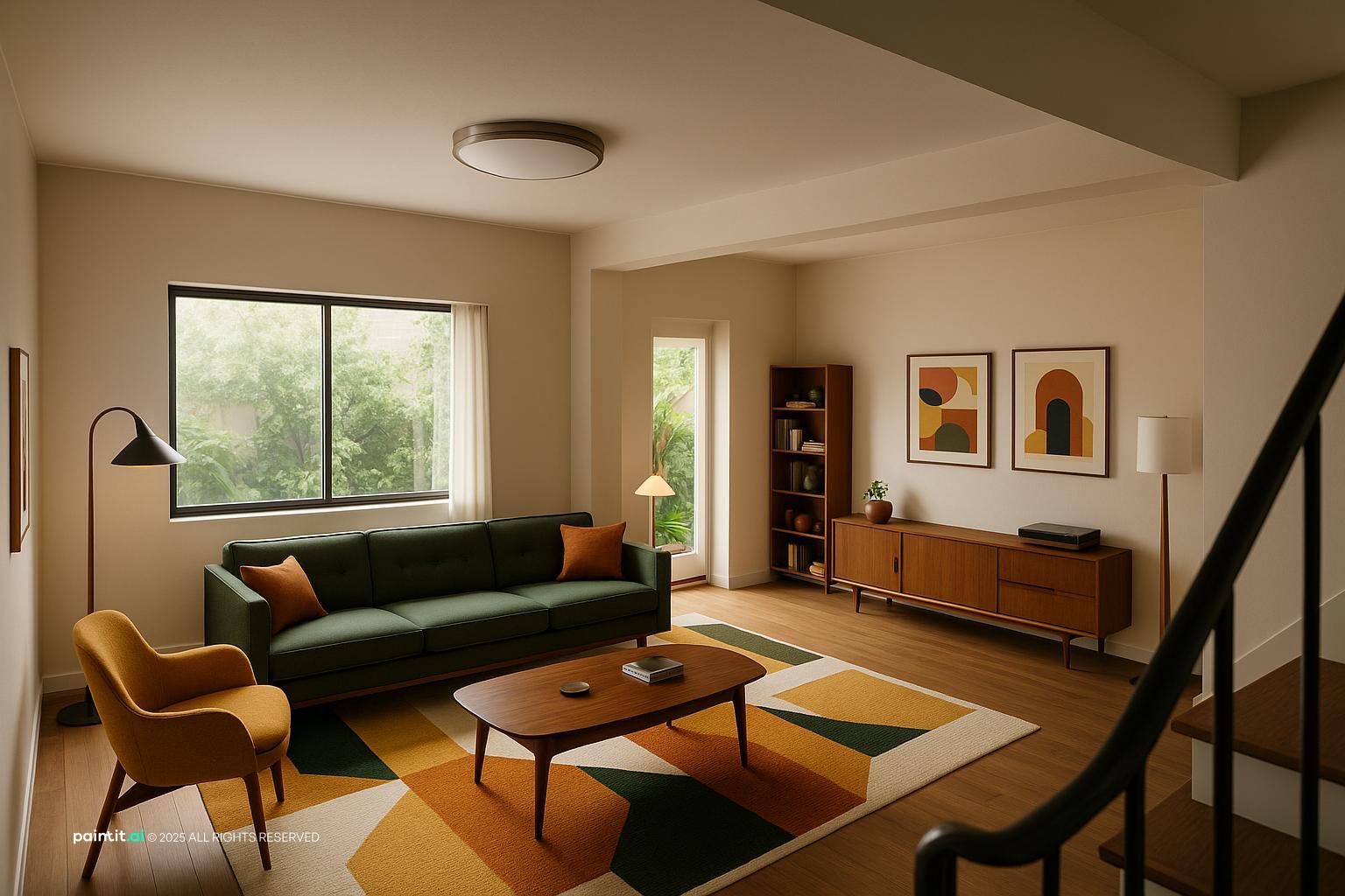 Mid-century living room with white walls, a mustard armchair, a green sofa and a walnut coffee table
