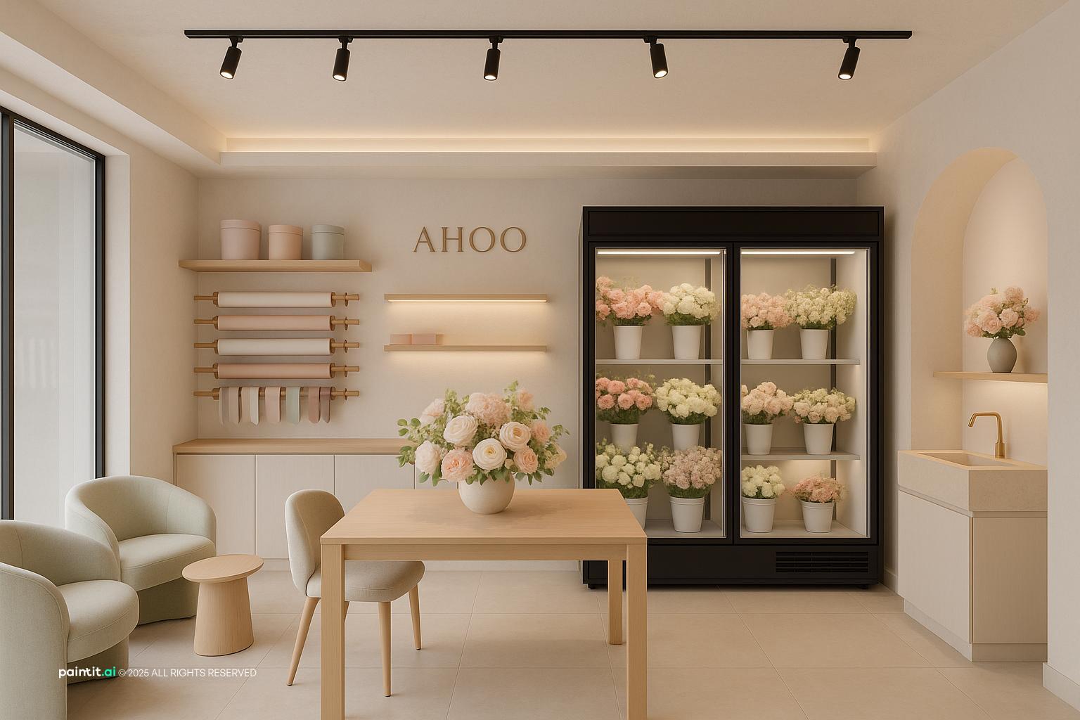 Light, minimal flower shop with soft peach walls, a flower fridge and a pale wooden table