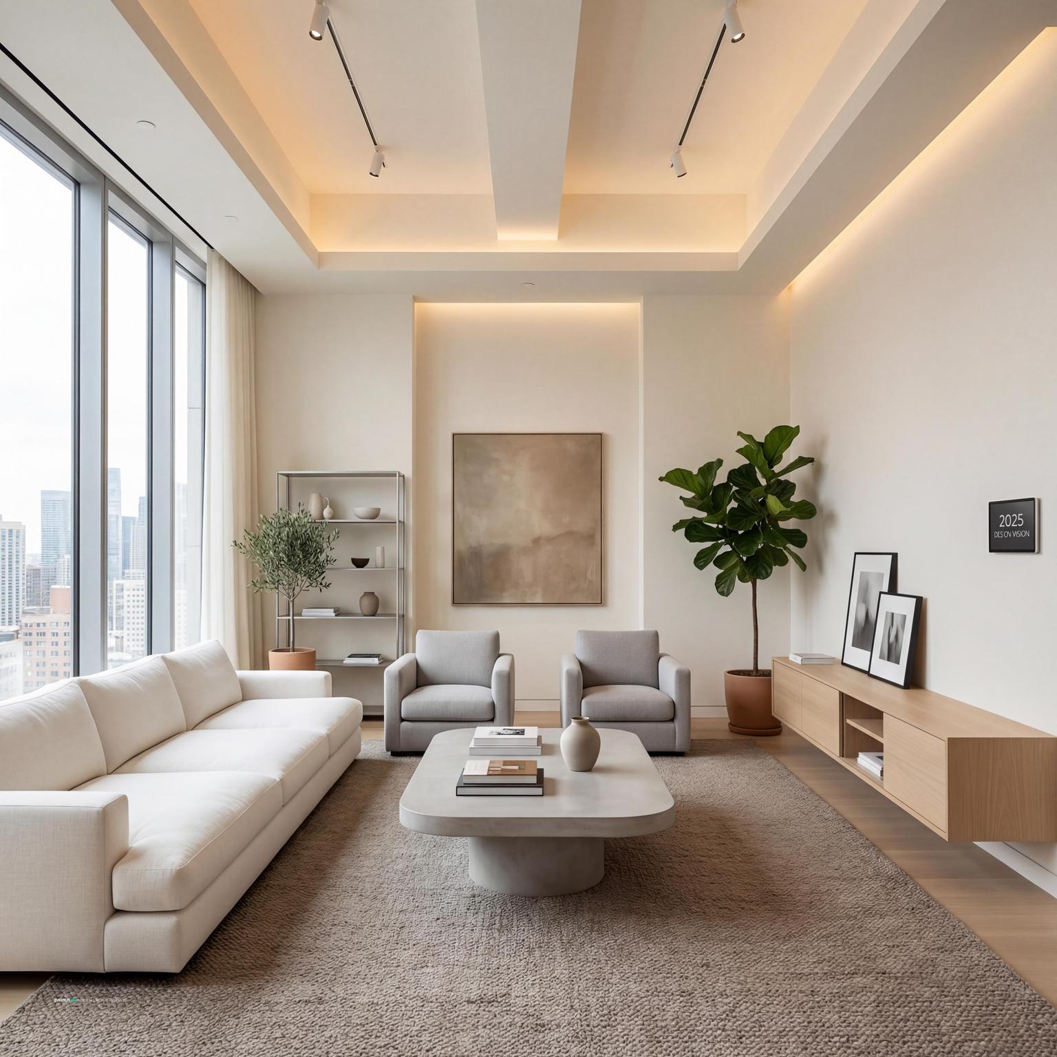 Luxury minimalist living room design, showcasing clean lines, refined textures, and serene ambiance for elevated living room luxury.