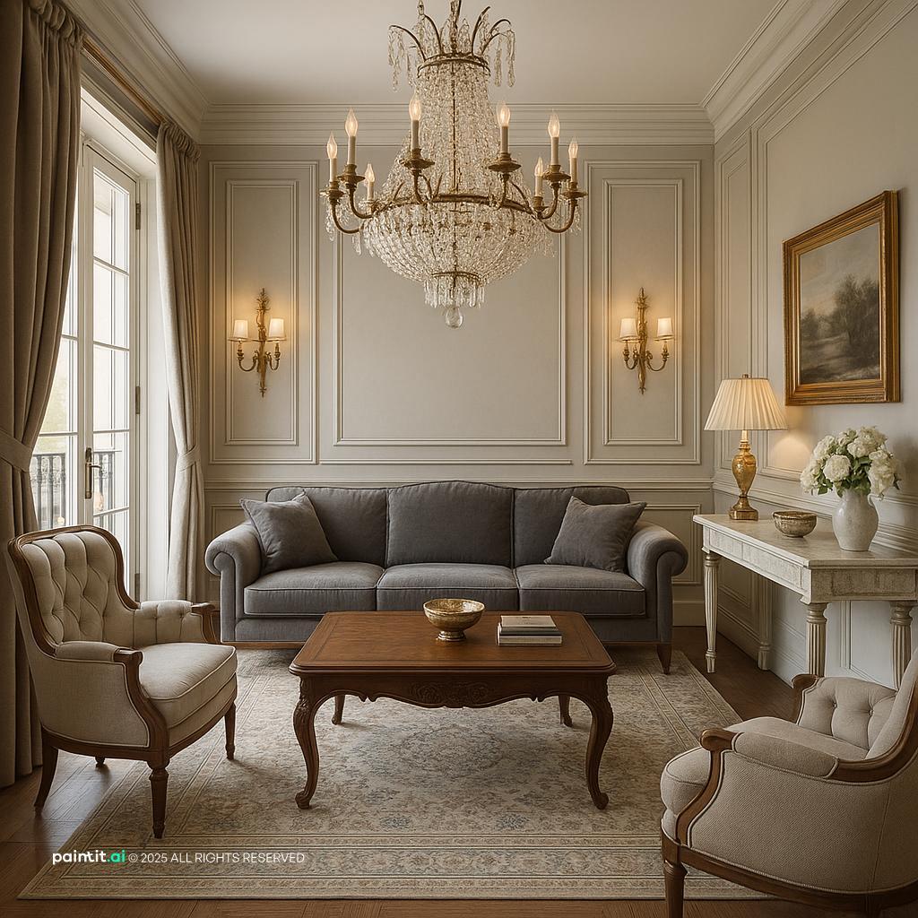 Elegant Neoclassic Living Room Design with a subtle 70s inspired touch.