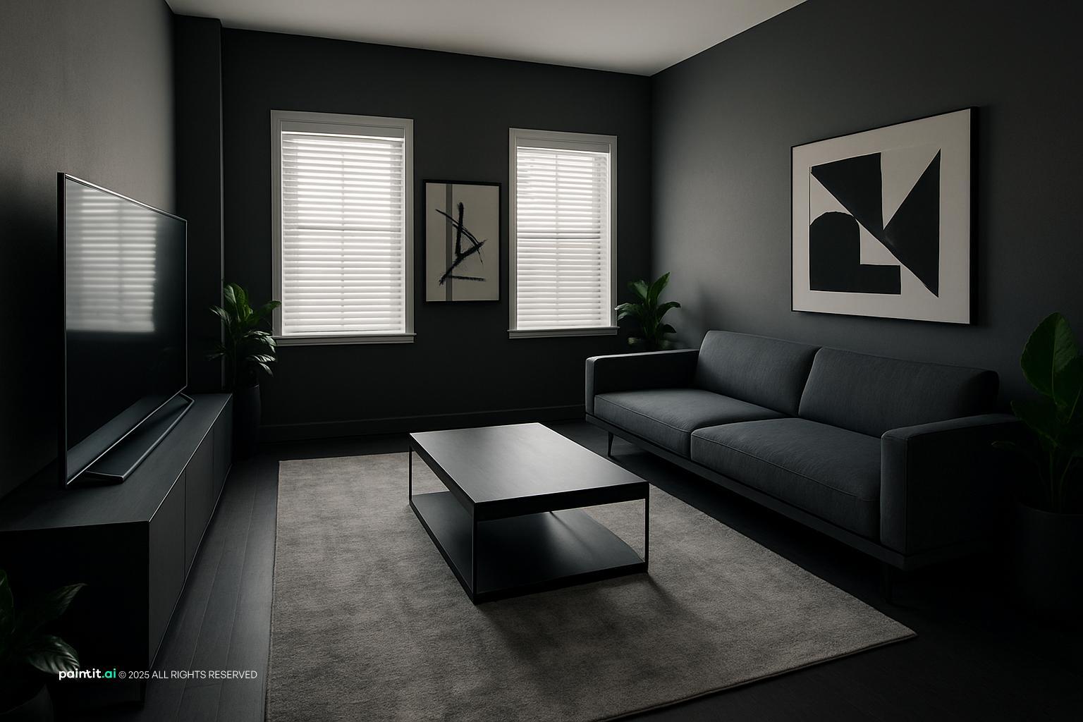 Charcoal sofa in a black-walled living room with a black coffee table and a geometric print