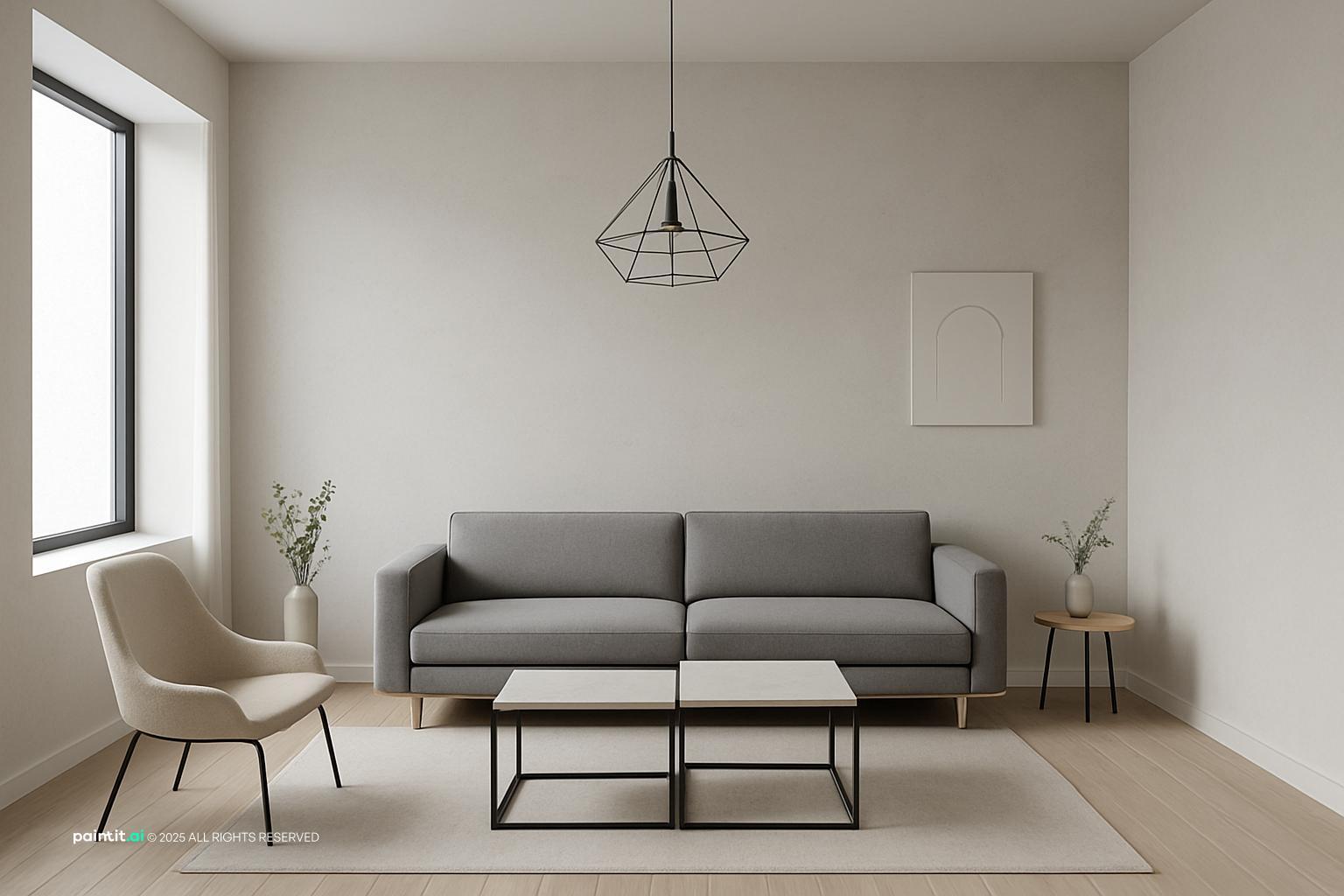Minimal living room with white walls, a gray sofa, a light armchair, a black coffee table and a wire pendant