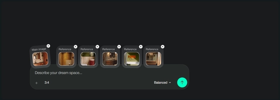 Paintit.ai composer showing one main image and a compact set of Pinterest references for an AI interior design prompt.