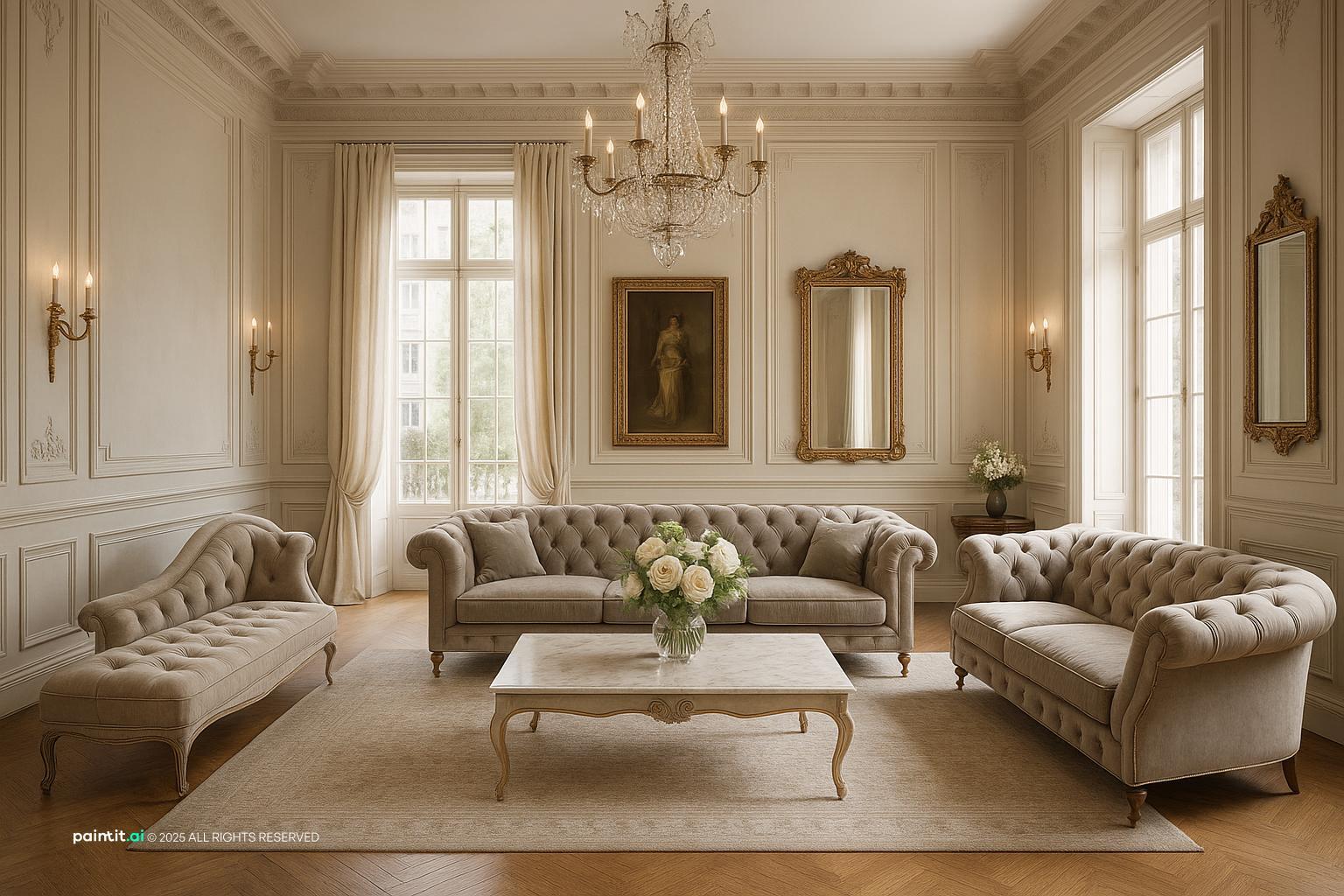 Elegant Neoclassical Living Room Design with Grey Palette showing grey palette, yellow accents, layered neutrals for Yellow and Grey Living Room Ideas.