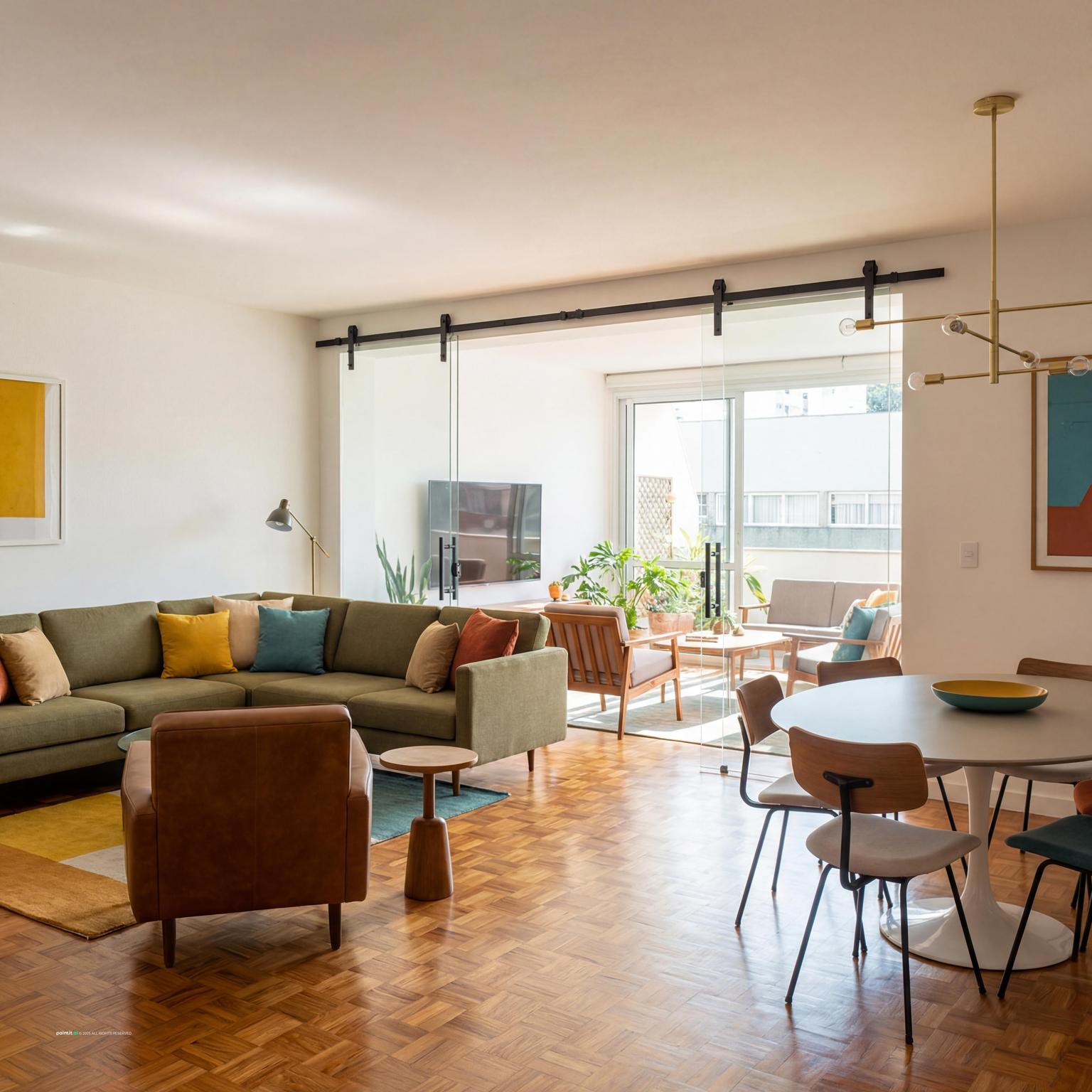 Mid-century modern living room with Scandinavian touches, showcasing integrated built-in storage, sleek shelving, and functional cabinetry.