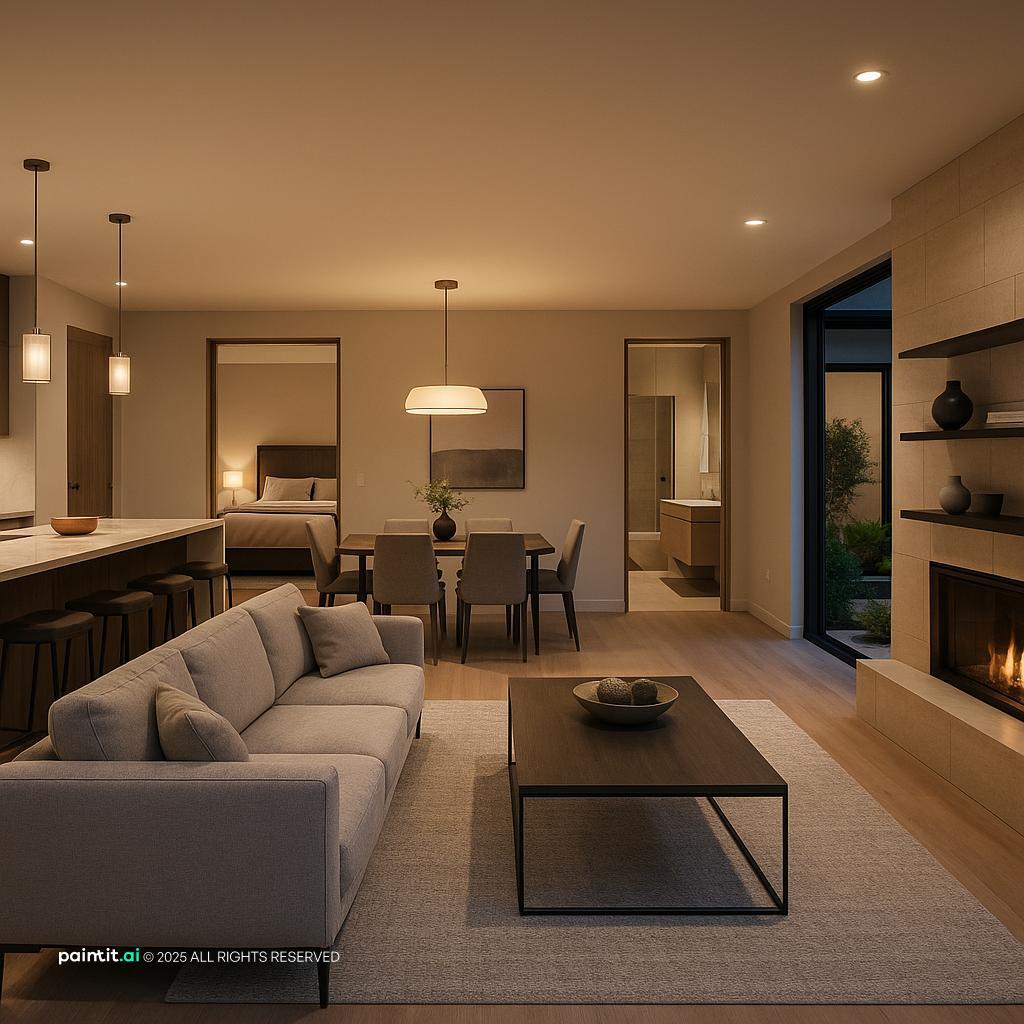 Stunning Open-Concept Interior Design showing fireplace focal point, compact proportions, space-saving storage for Small Living Room With Fireplace.