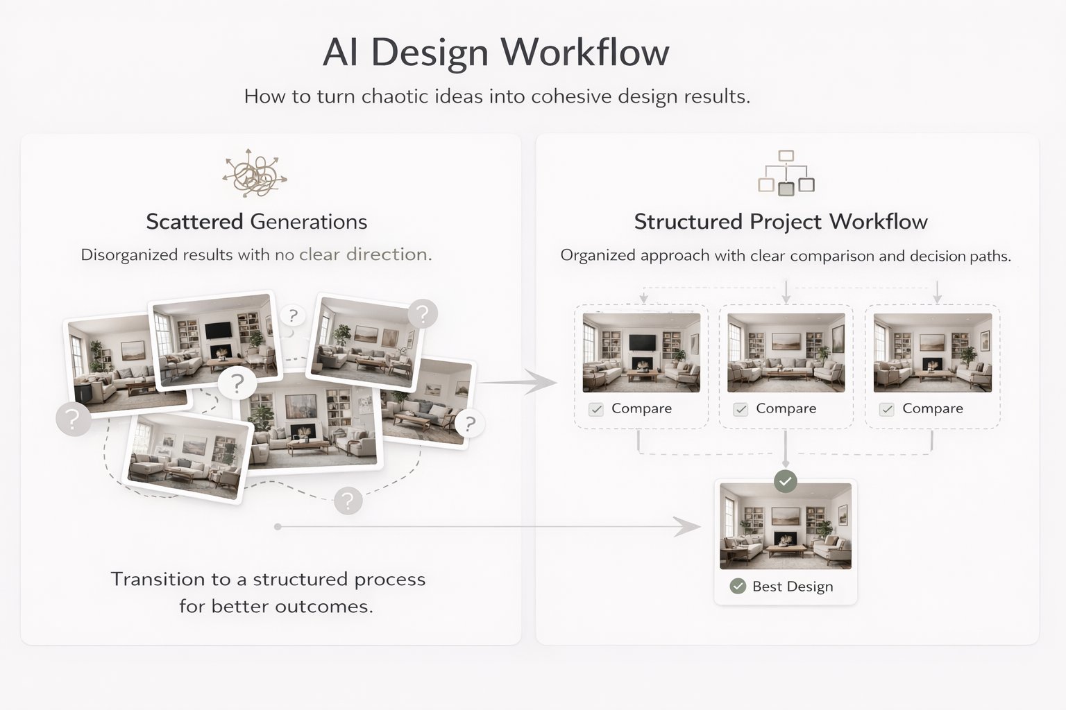 Educational visual showing how project organization improves comparison and decision making in design workflows