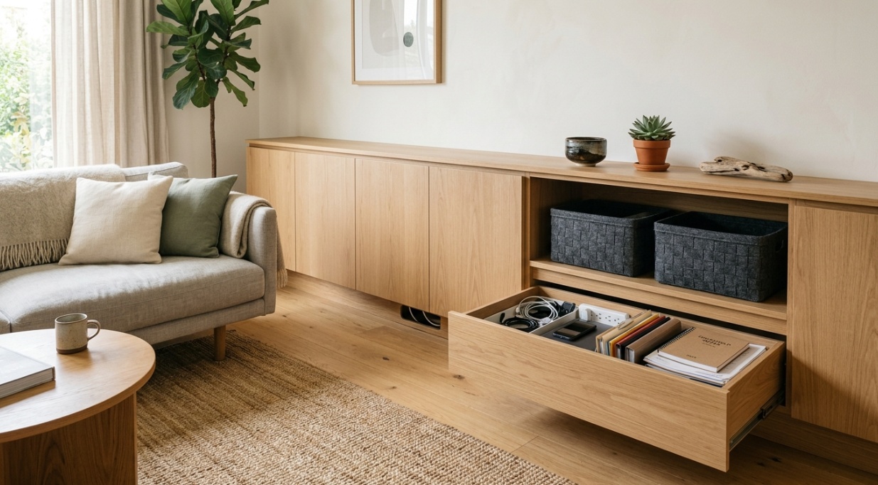 Zen-inspired living room with closed cabinets, organized drawers, and concealed cables