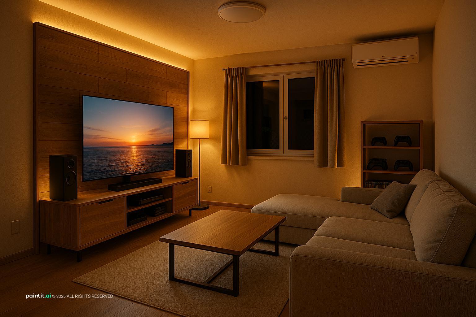 Cozy Family Living Room Design with lighting and curtains and a calm living room atmosphere.