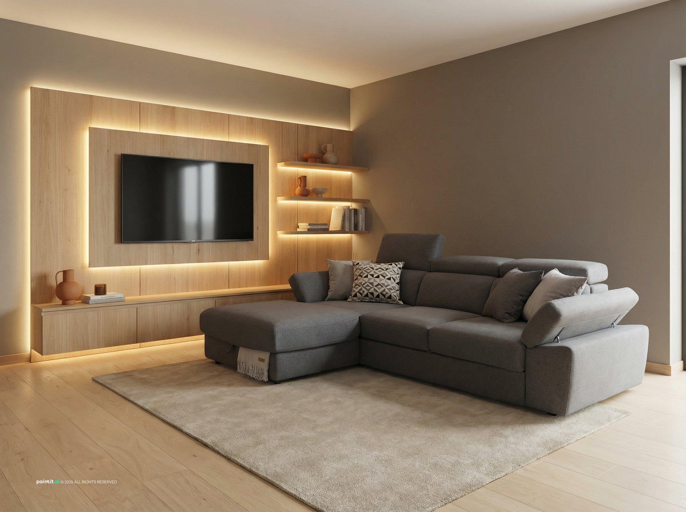 Grey chaise sectional in front of a backlit wood TV wall with shelves