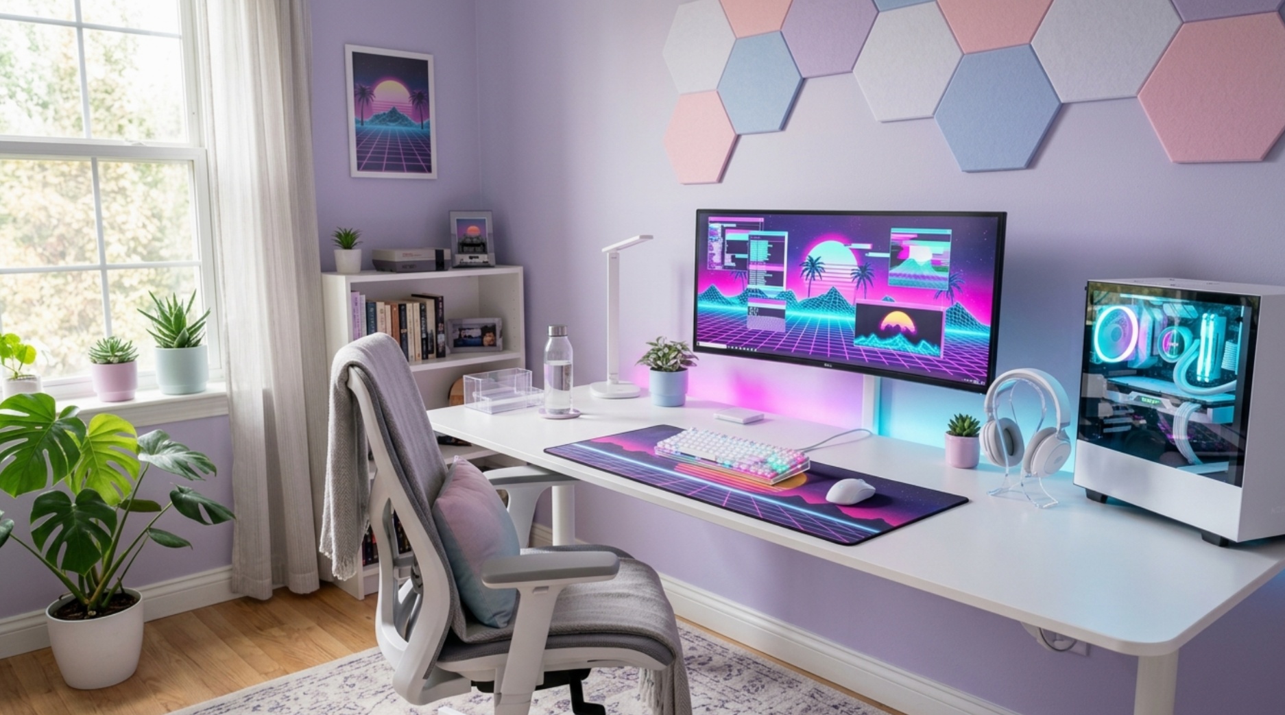 Vaporwave gaming room with an ergonomic desk, hidden RGB lighting and pastel acoustic panels