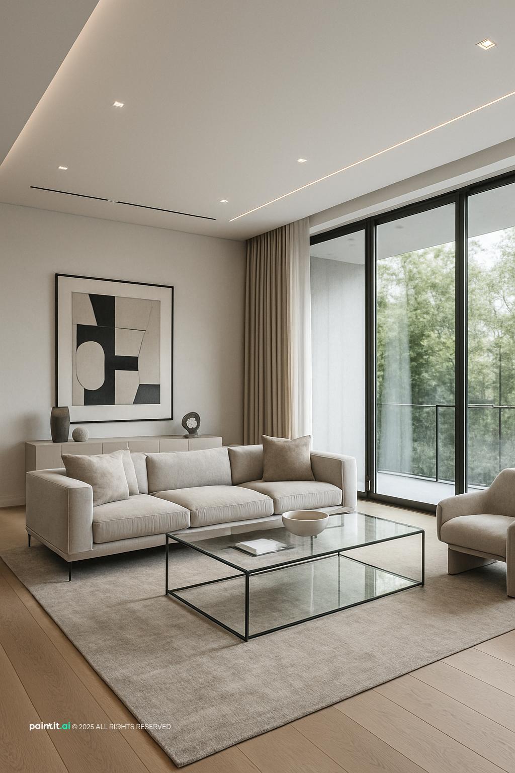 Modern Ultra-Photorealistic Living Room Design showing metal accents, clean-lined furniture, open layout for Living Room Color Ideas.