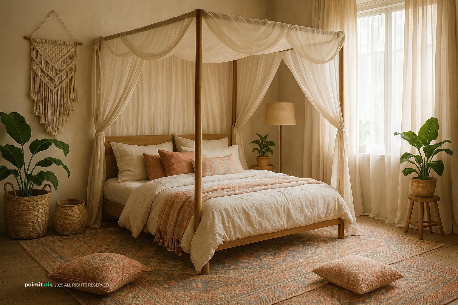 Stunning Boho-Chic Bedroom with Warm Color for Bohemian Style Interior Design Characteristics