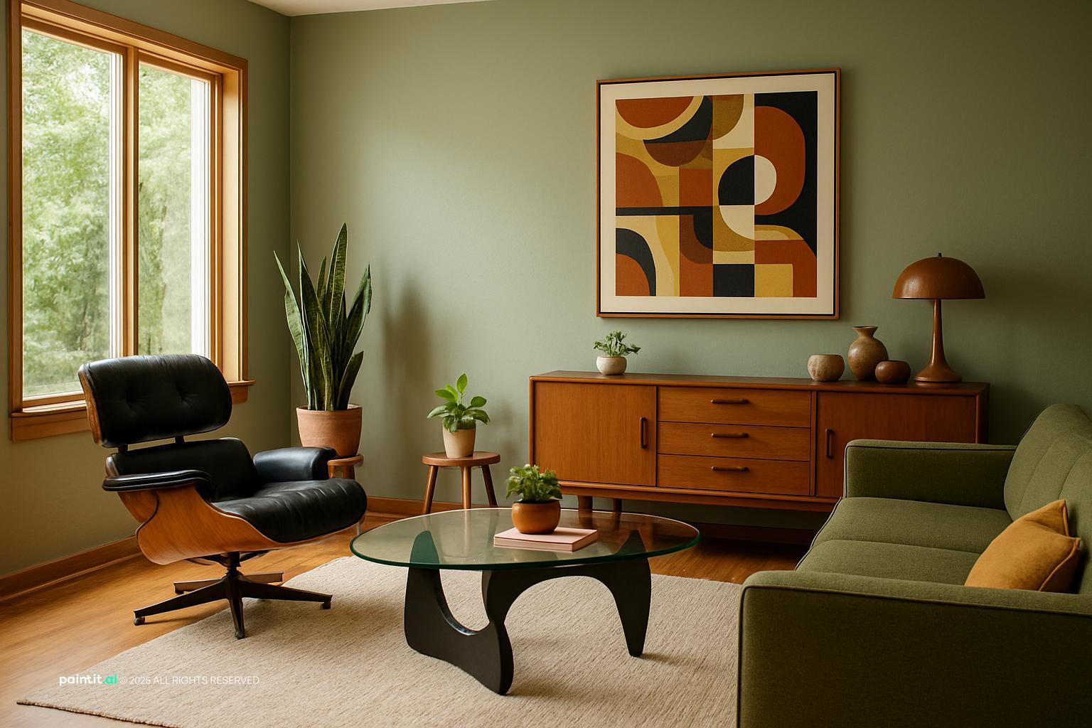 Earthy living room with an olive wall, a lounge chair, a teak sideboard and an olive sofa