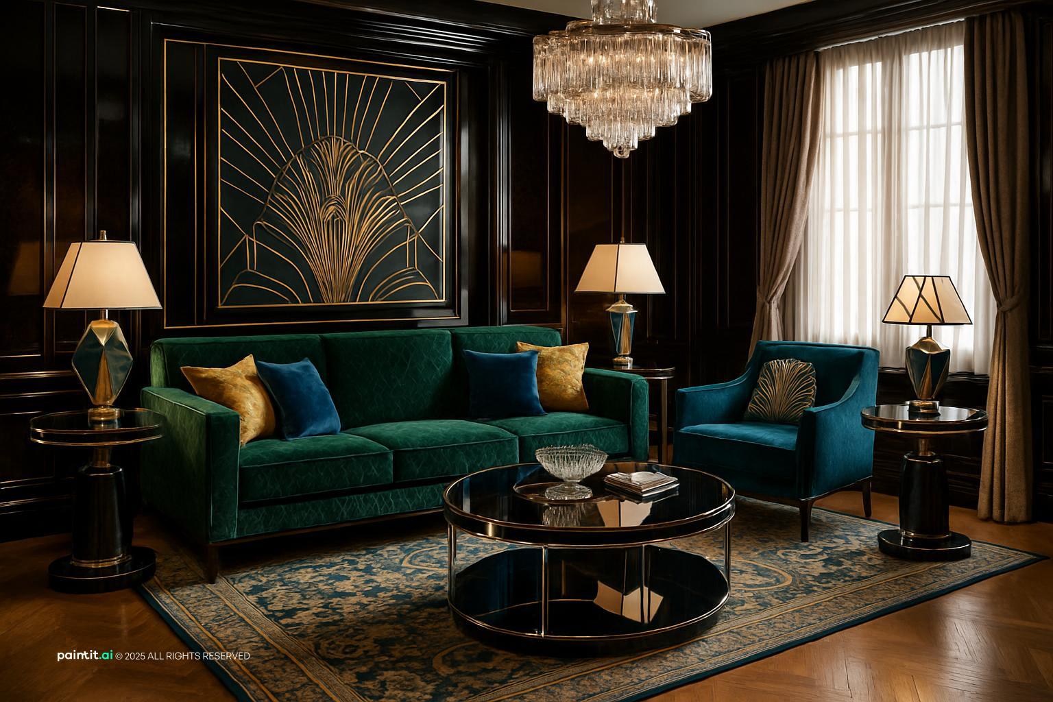 Emerald green living room with velvet sofas, a crystal chandelier, gold accents and tall curtained windows