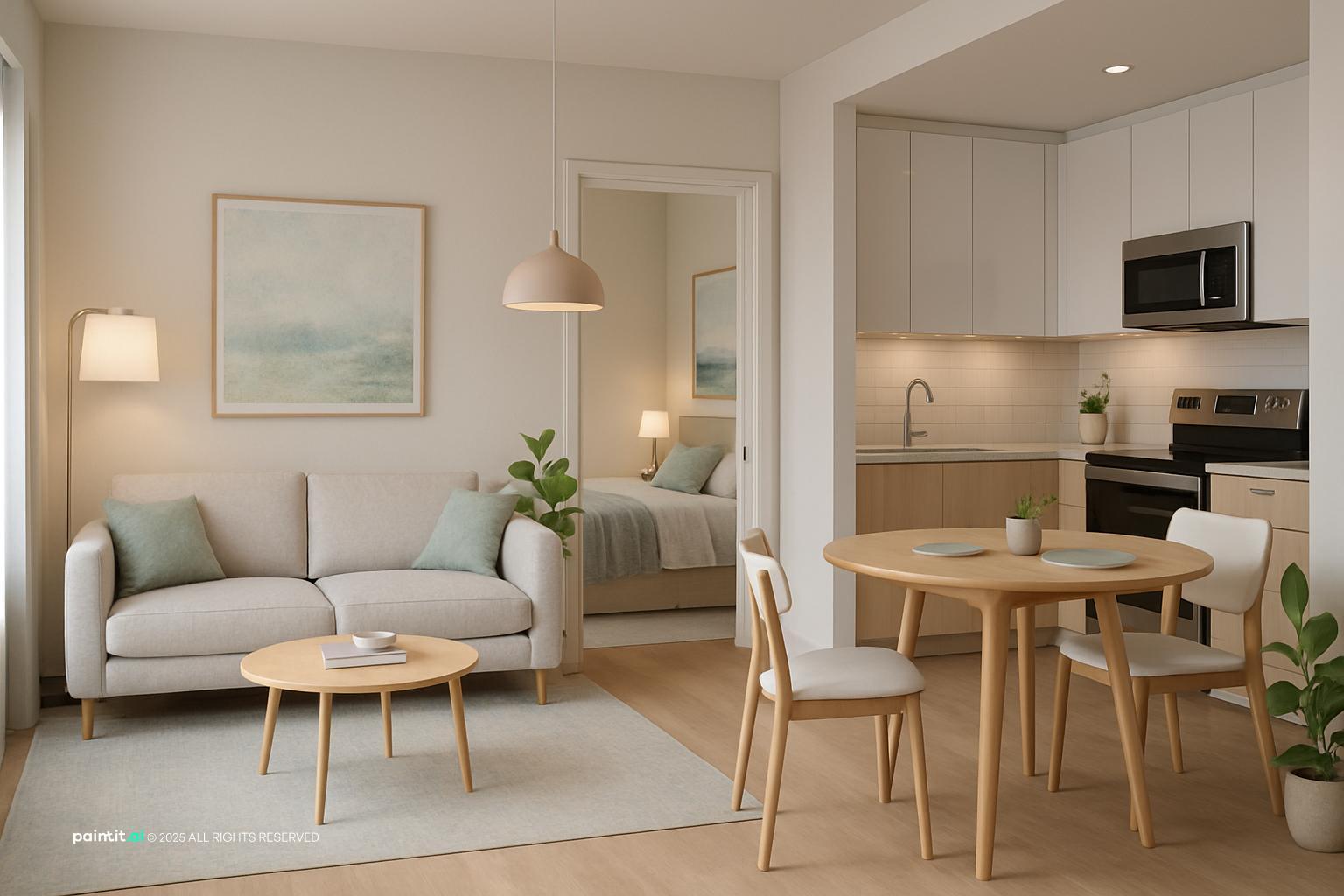 Modern Scandinavian 1 bedroom condo with compact living room and bedroom