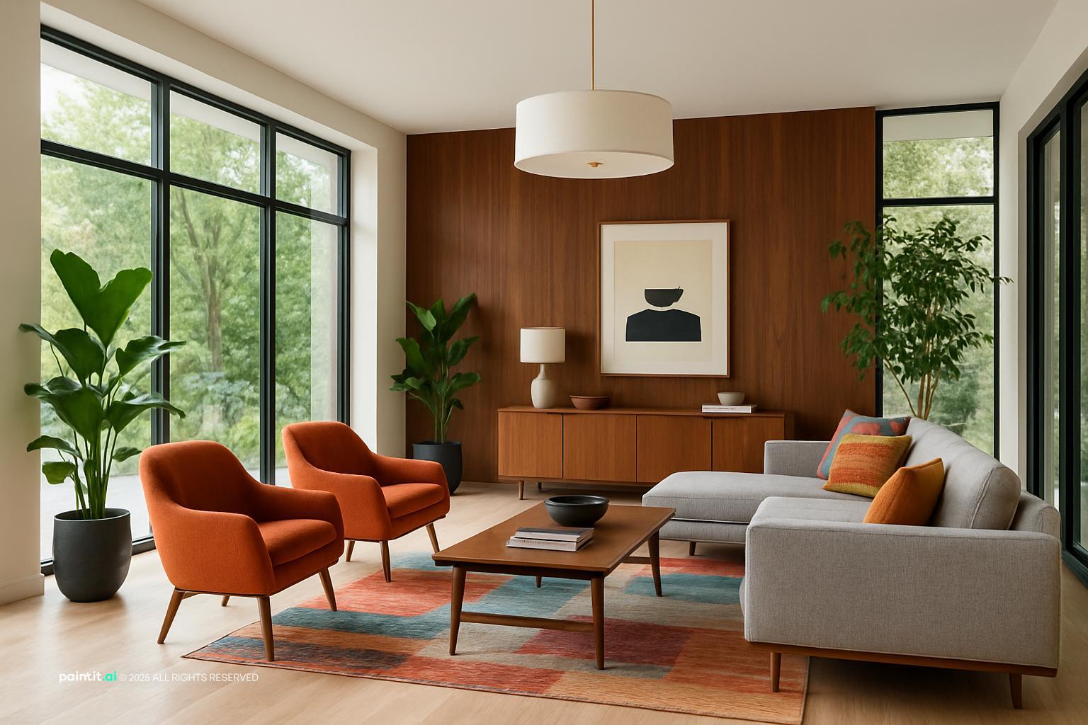 Tropical-infused 80s living room decor featuring lush indoor plants, light wicker furniture, and a harmonious pastel color palette.